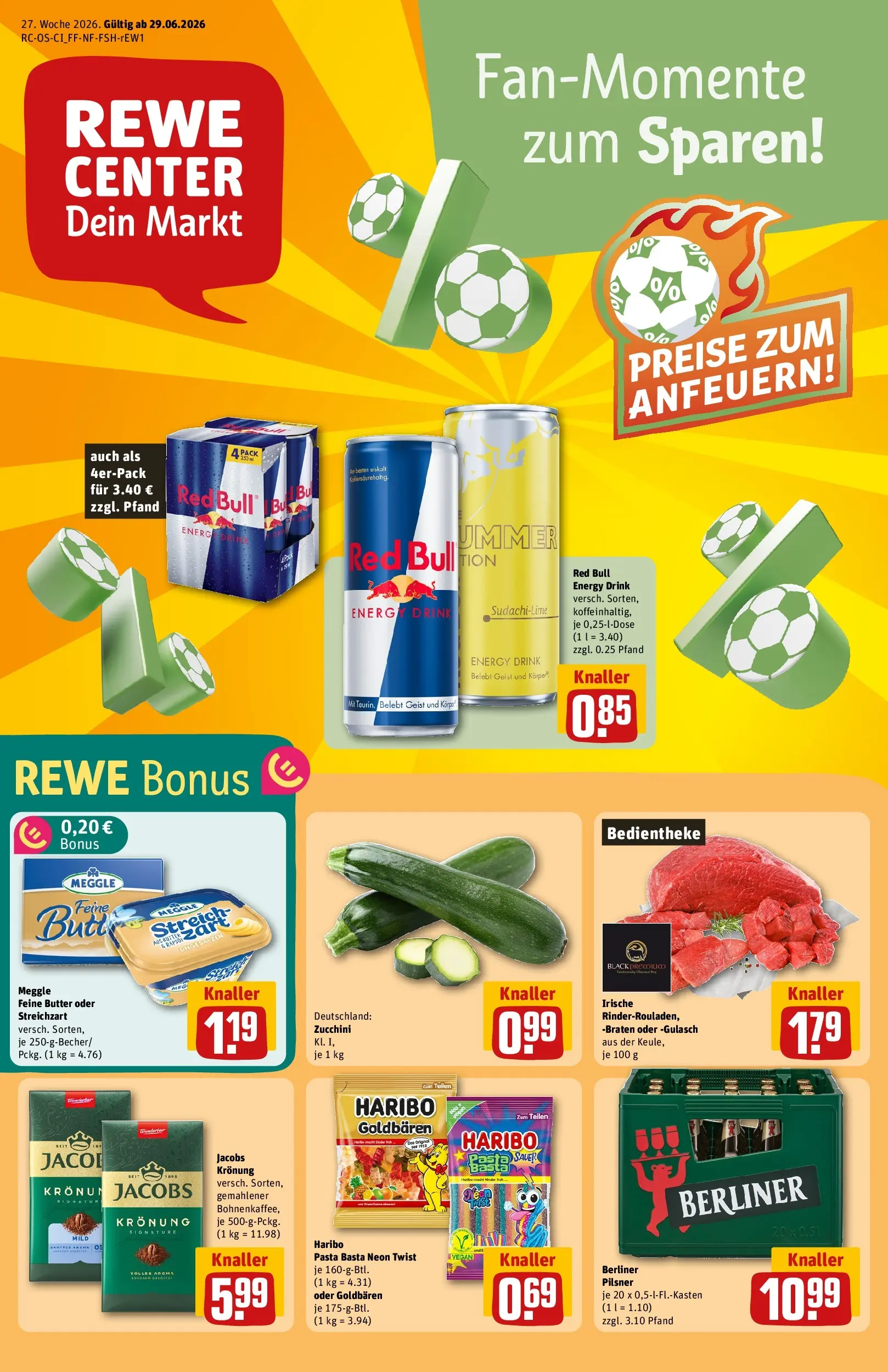REWE Prospekt ab 29.06.2026 zum Blättern » Angebote | Seite: 1 | Produkte: Berliner, Red bull, Energy, Zucchini