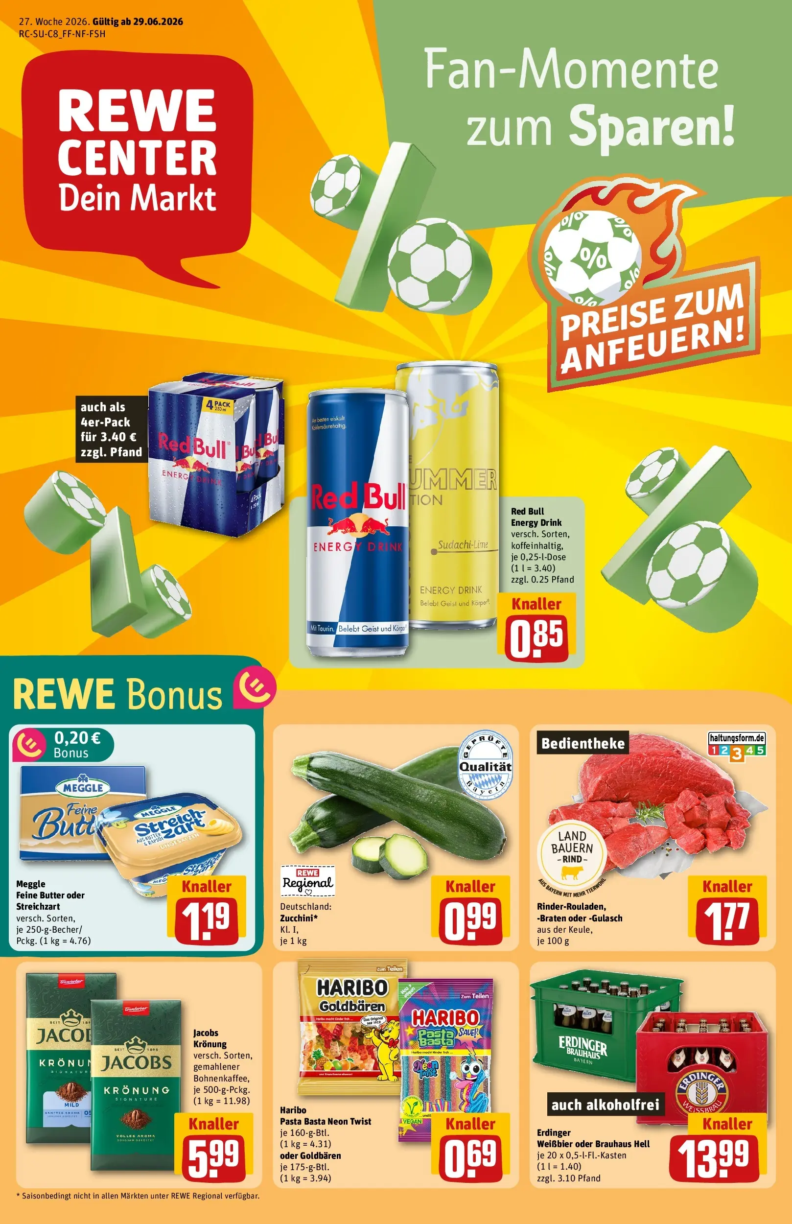 REWE Prospekt ab 29.06.2026 zum Blättern » Angebote | Seite: 1 | Produkte: Energy, Weißbier, Gulasch, Pasta