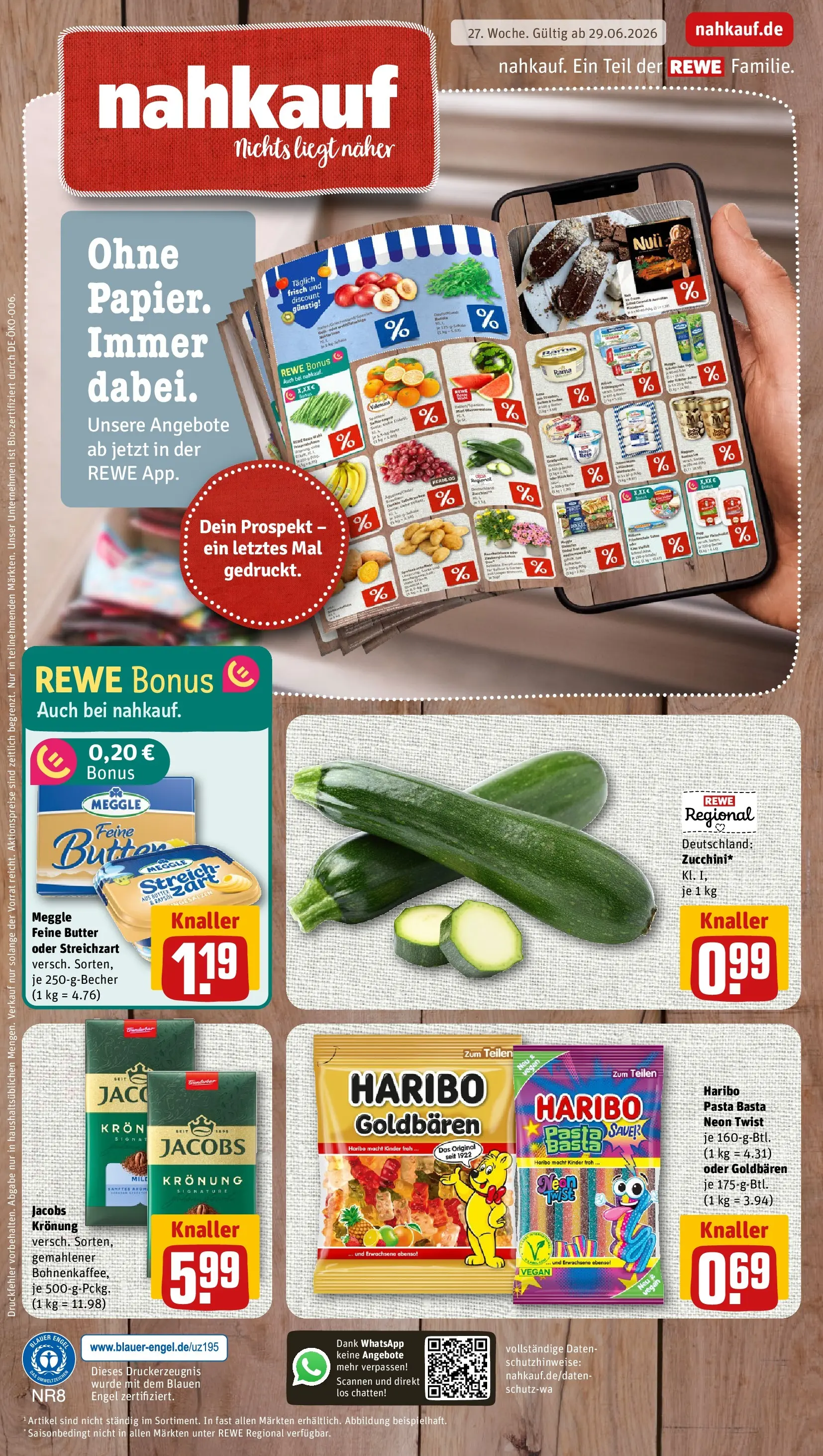 REWE Prospekt ab 29.06.2026 zum Blättern » Angebote | Seite: 1 | Produkte: Butter, Valensina, Pasta, Reis