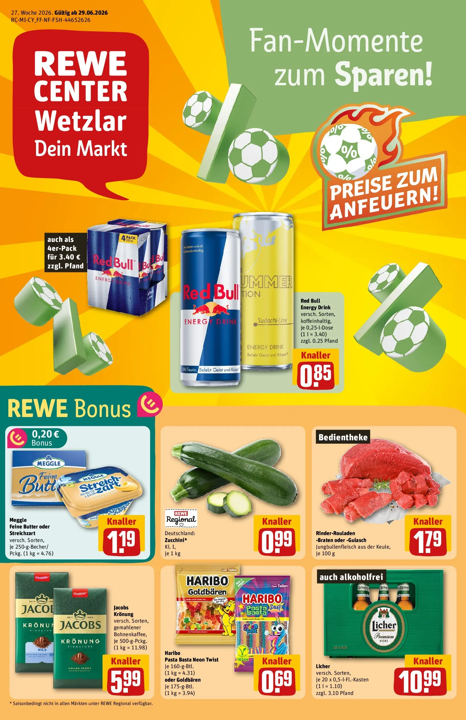REWE Prospekt ab 29.06.2026 zum Blättern » Angebote | Seite: 1 | Produkte: Red bull, Energy, Gulasch, Pasta