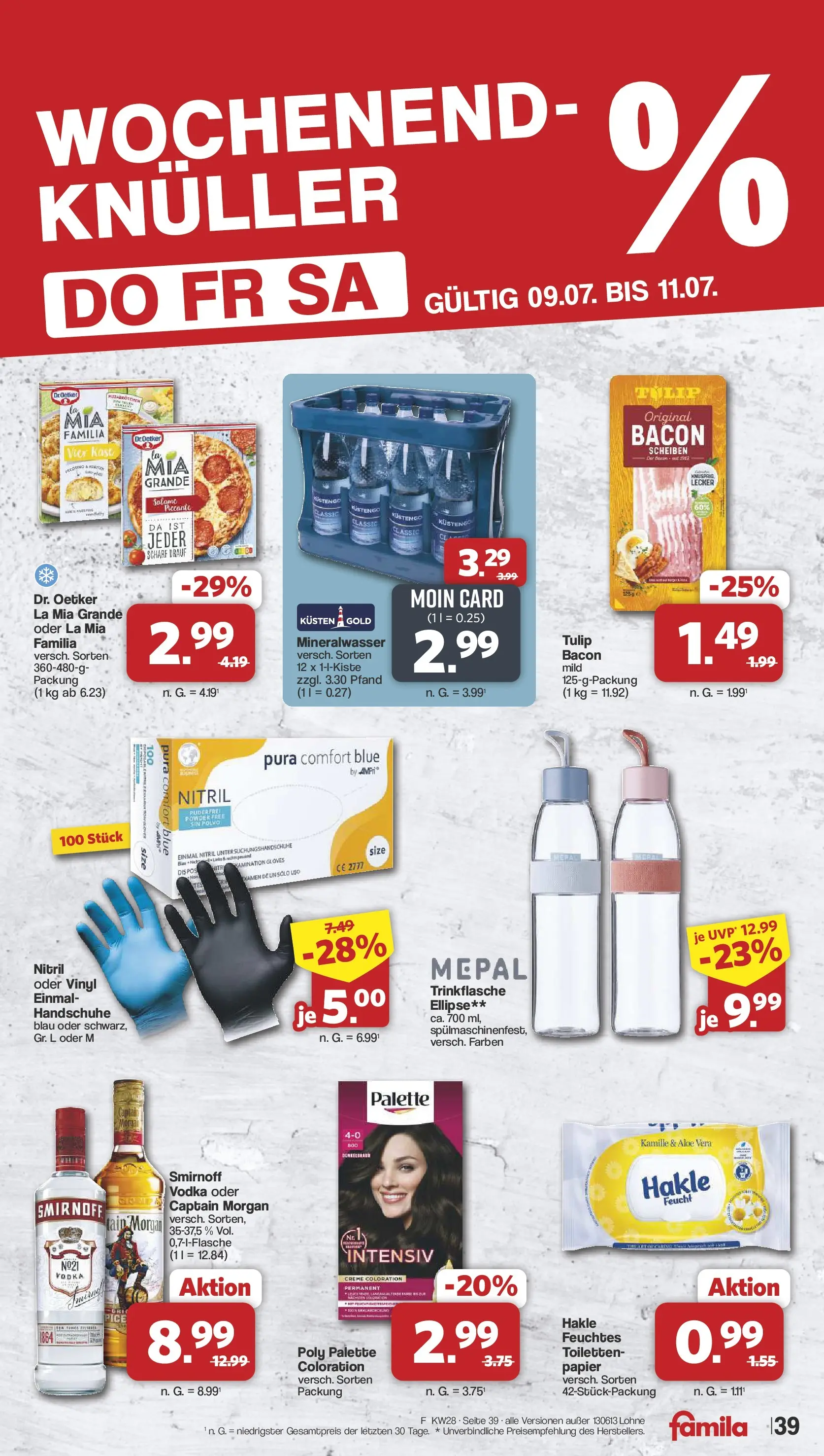 Famila Nordwest Prospekt Oldenburg (ab 06.07.2026) zum Blättern | Seite: 39 | Produkte: Mineralwasser, Smirnoff, Captain morgan, Handschuhe