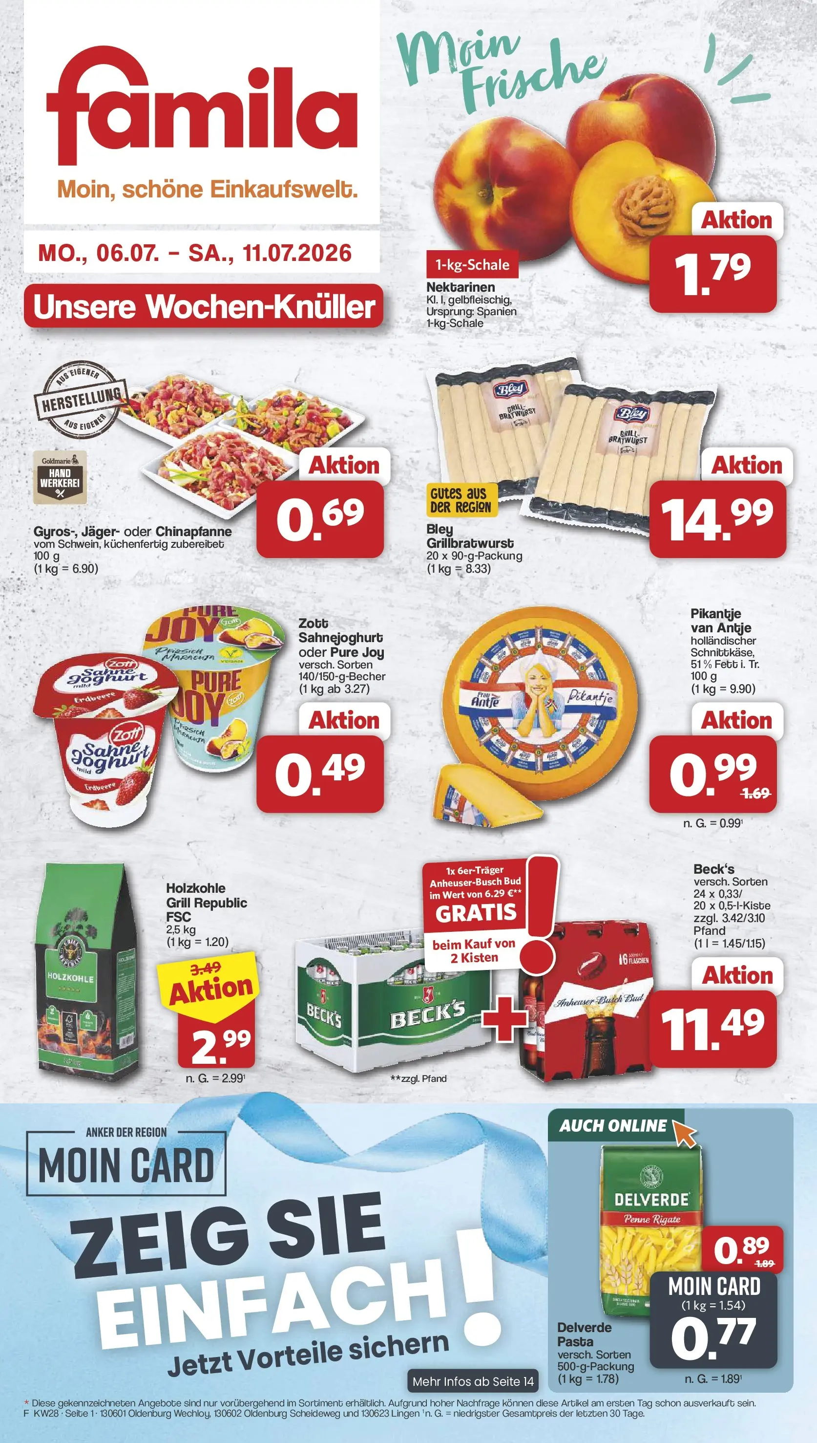 Famila Nordwest Prospekt Oldenburg (ab 06.07.2026) zum Blättern | Seite: 1 | Produkte: Grill, Nektarinen, Bratwurst, Pasta