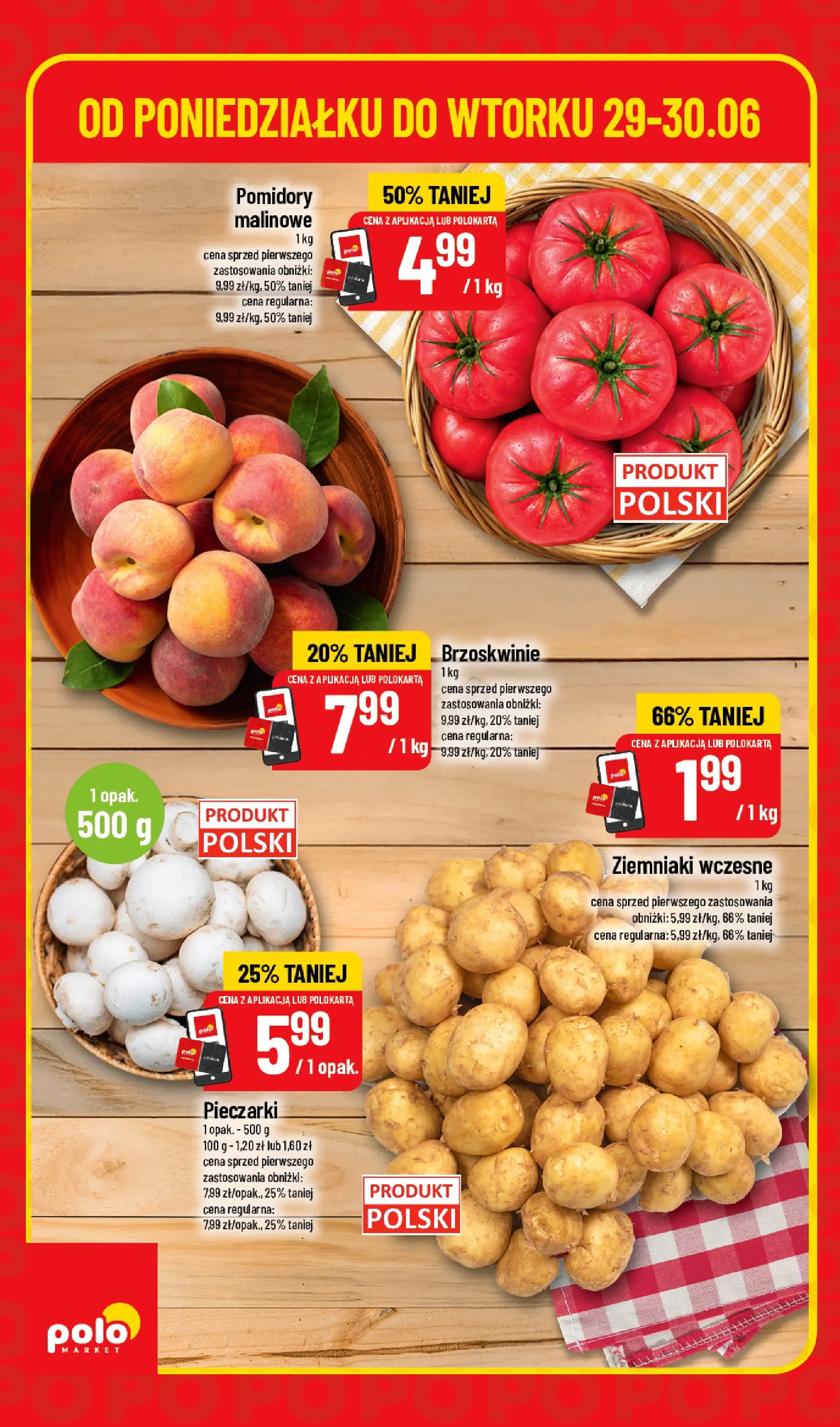 Nowa POLOmarket gazetka od jutra 29.06.2026 | Strona: 2 | Produkty: Pieczarki, Pomidory, Brzoskwinie, Ziemniaki