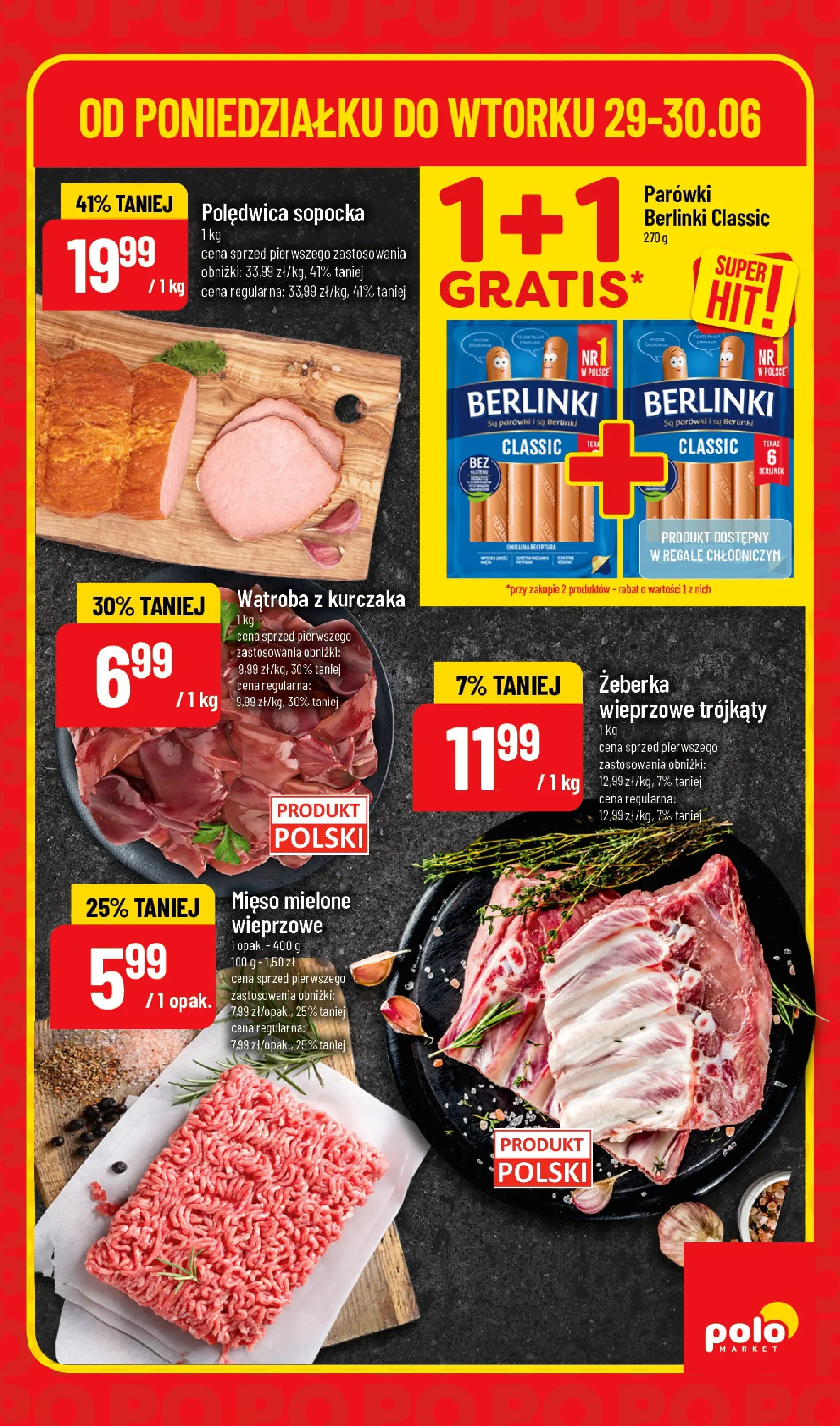 Nowa POLOmarket gazetka od jutra 29.06.2026 | Strona: 3 | Produkty: Parówki berlinki, Mięso, Mięso mielone, Parówki