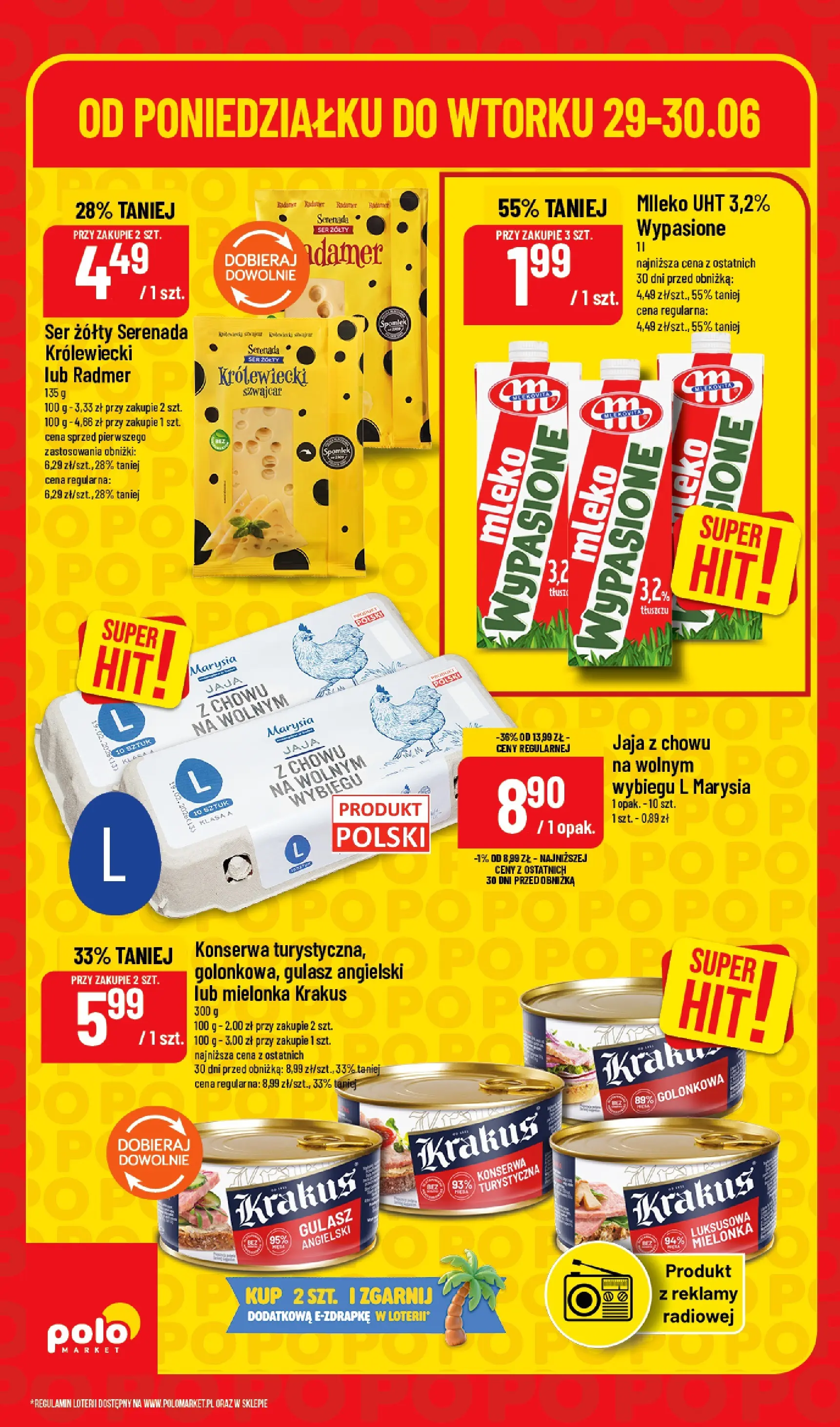Nowa POLOmarket gazetka od jutra 29.06.2026 | Strona: 4 | Produkty: Ser żółty, Mleko, Ser, Jaja