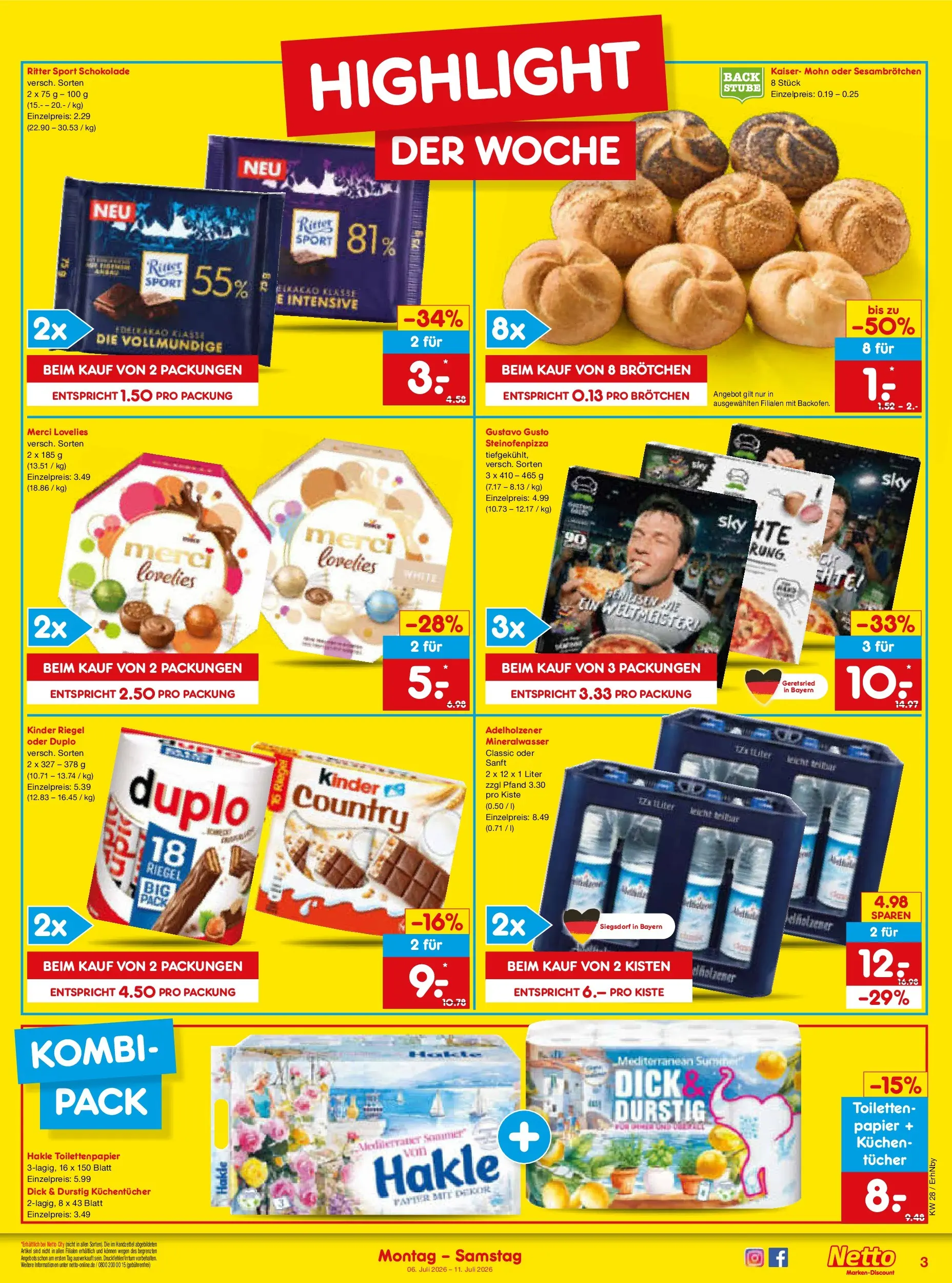 Netto Marken-Discount - Netto: Wochenangebote (ab 05.07.2026) » Angebote | Seite: 3 | Produkte: Schokolade, Ritter sport, Mineralwasser, Kuchen