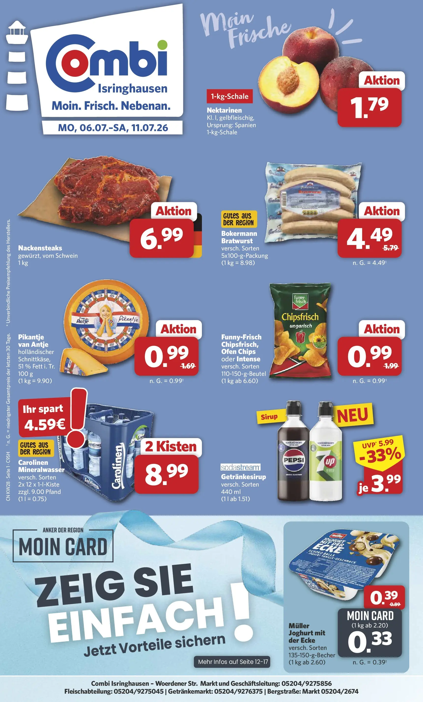 Combi Prospekt Steinhagen (ab 06.07.2026) zum Blättern | Seite: 1 | Produkte: Nackensteaks, Ofen, Bratwurst, Mineralwasser