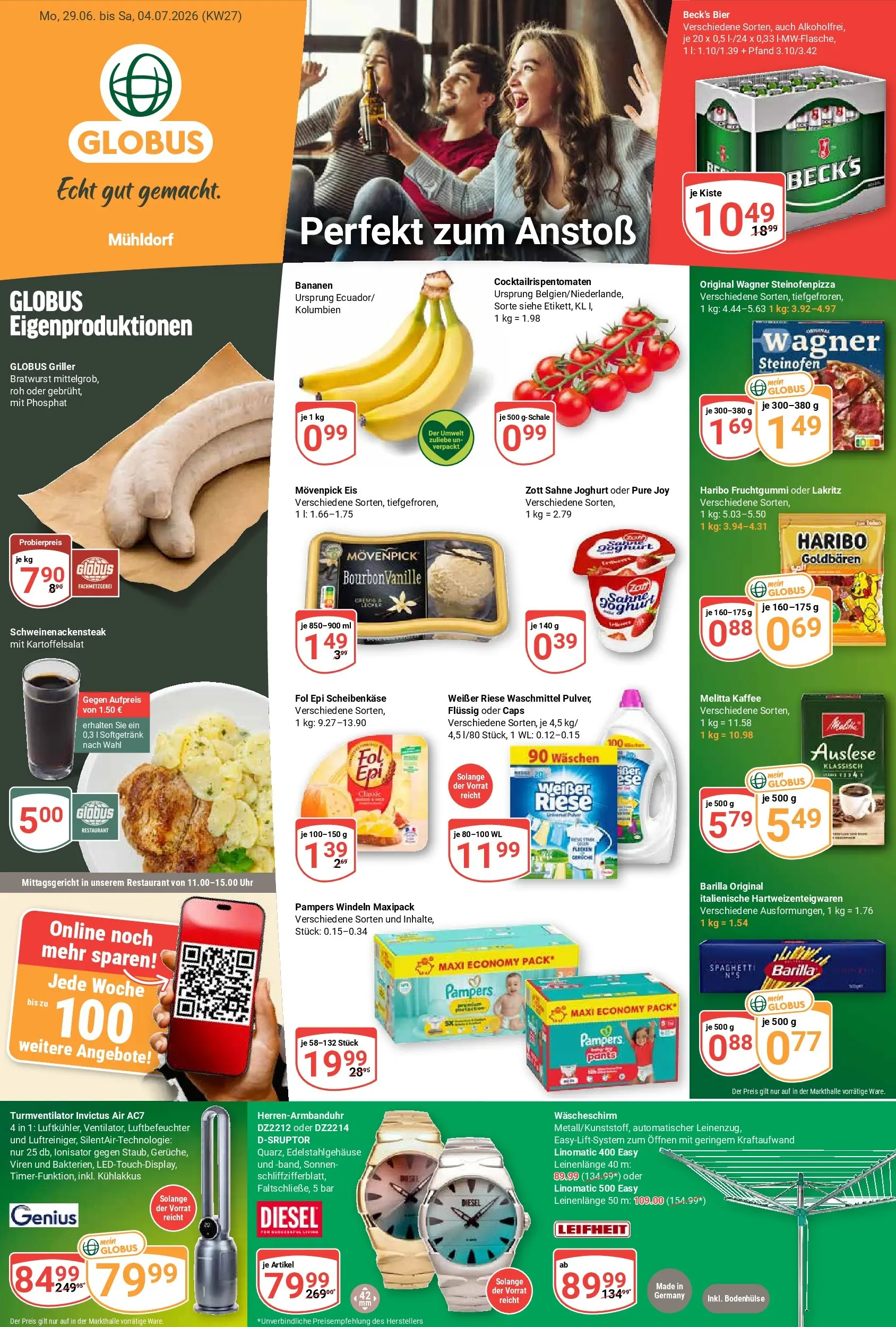Globus Prospekt Mühldorf (ab 29.06.2026) » Angebote online | Seite: 1 | Produkte: Melitta, Bratwurst, Movenpick eis, Griller