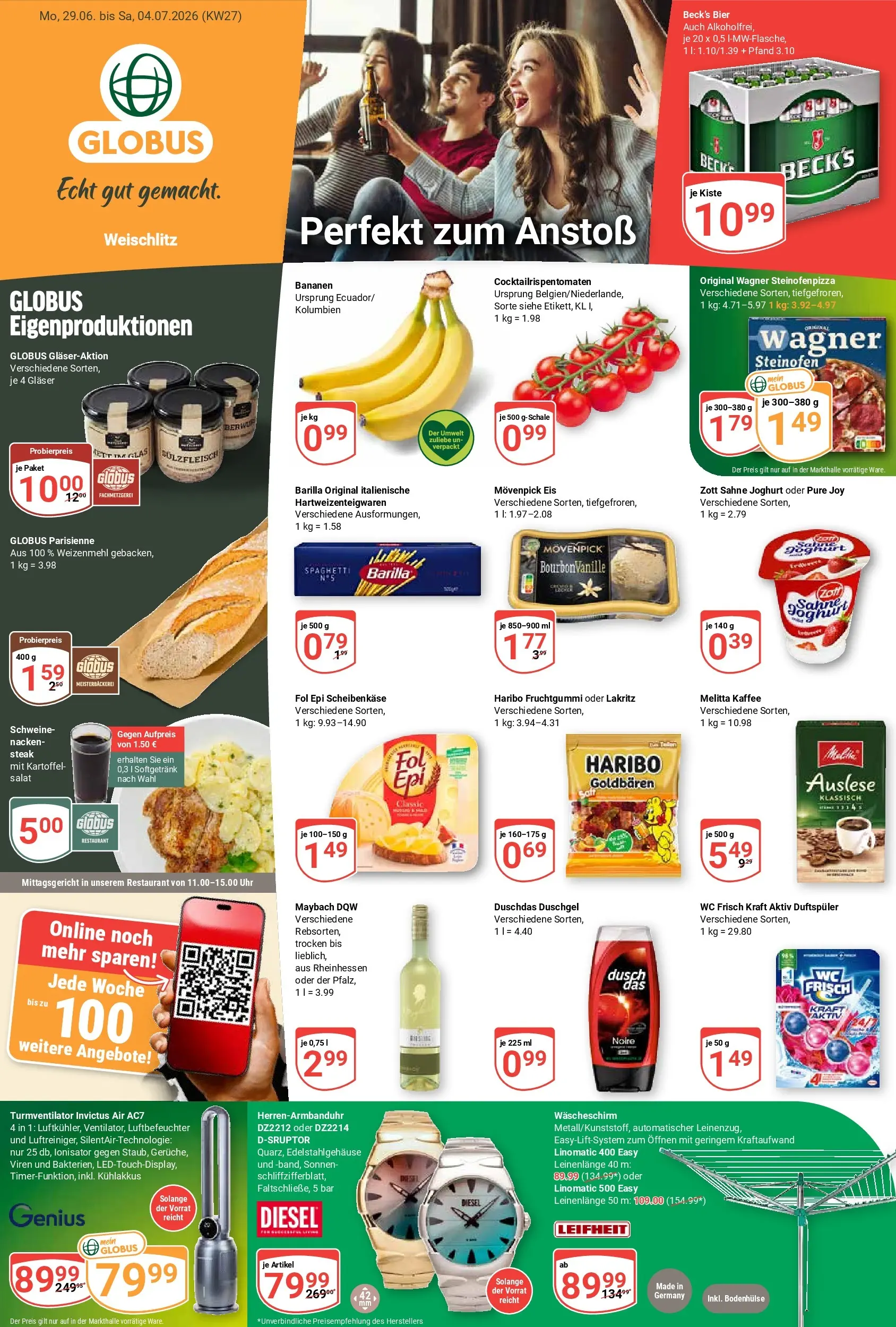 Globus Prospekt Weischlitz (ab 29.06.2026) » Angebote online | Seite: 8 | Produkte: Bananen, Eis, Salat, Uhr