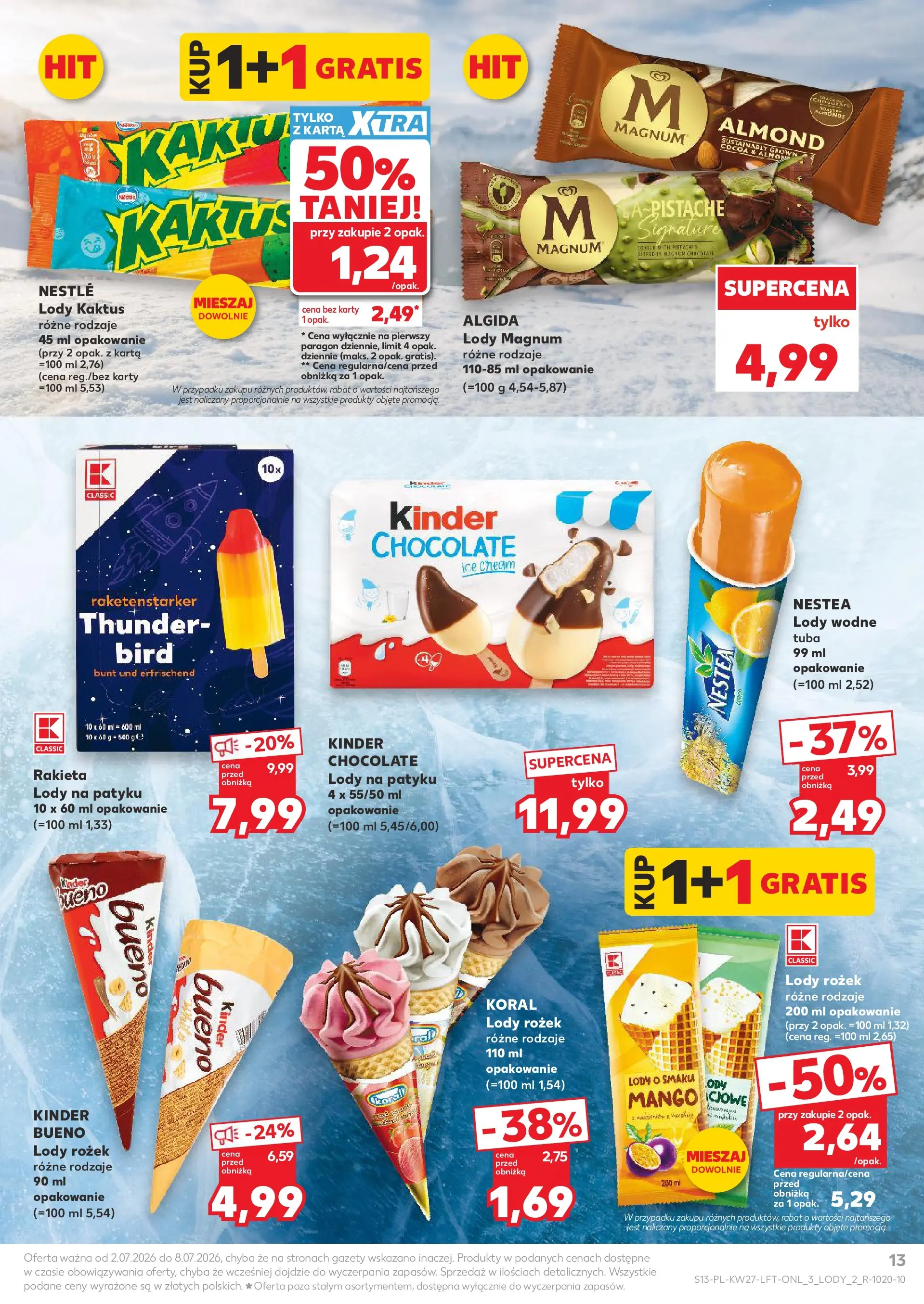 Kaufland gazetka (02.07.2026) - od jutra | Strona: 13 | Produkty: Karta, Kinder Bueno, Lody Magnum, Lody Kaufland gazetka od 02.07.2026 - od jutra PDF | Strona: 13 | Produkty: Karta, Kinder Bueno, Lody Magnum, Lody