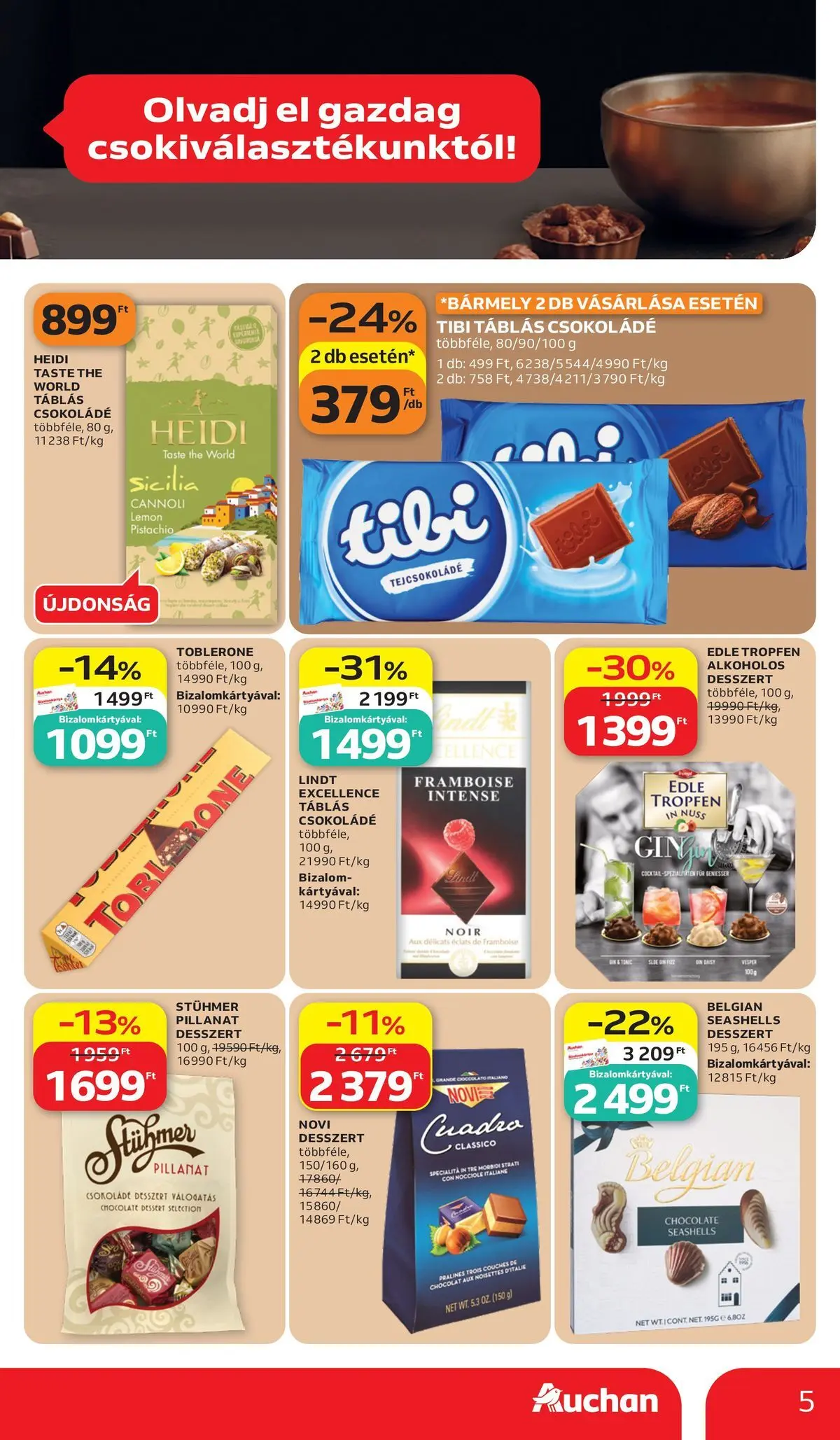 Auchan akciós újság Budapest - 2026.07.02. -tól/töl > akció, lapozható szórólap 🛍️ | Oldal: 5 | Termékek: Tejcsokoládé, Csokoládé