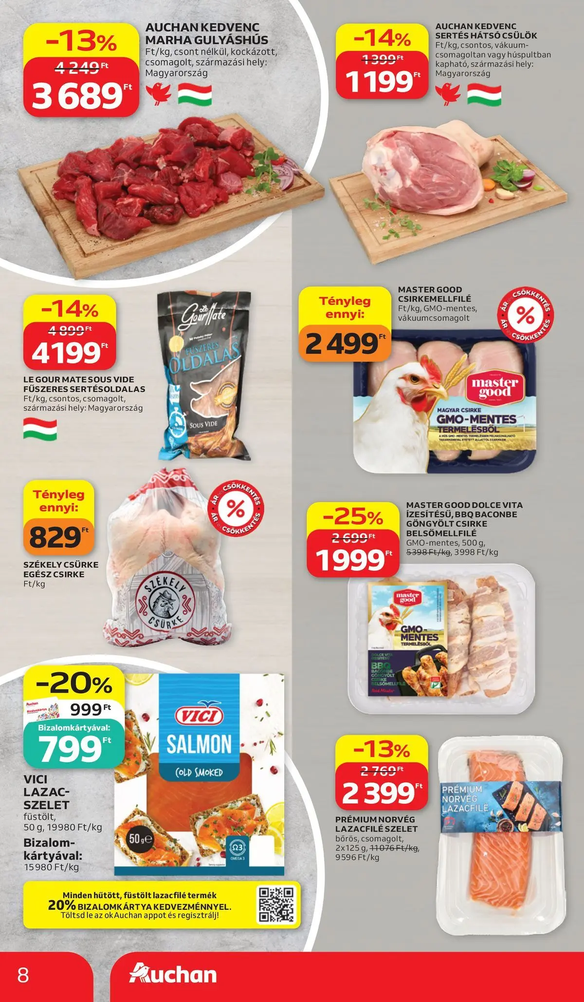 Auchan akciós újság Budapest - 2026.07.02. -tól/töl > akció, lapozható szórólap 🛍️ | Oldal: 8 | Termékek: Egész csirke, Lazacfilé, Lazac