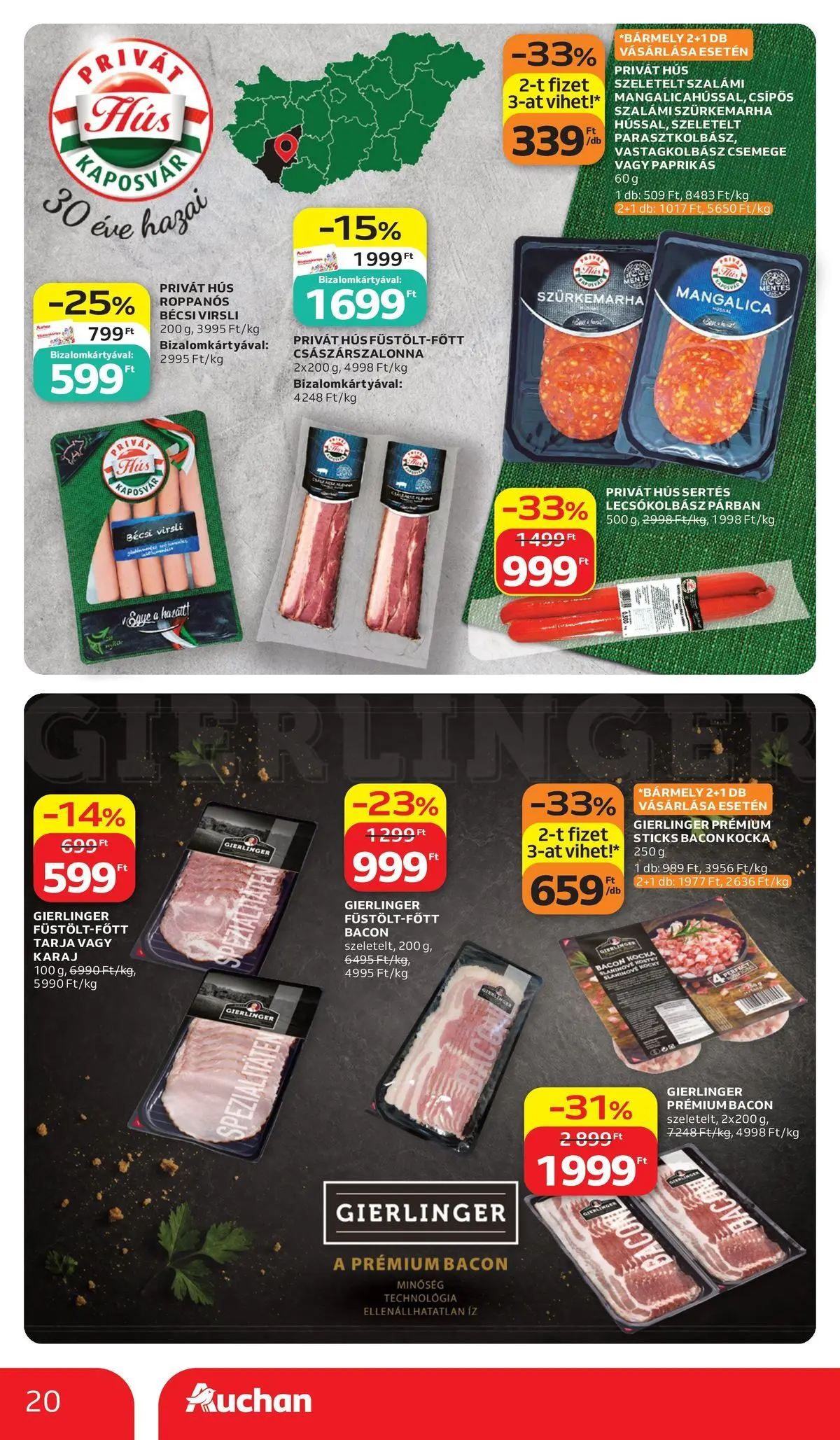 Auchan akciós újság Budapest - 2026.07.02. -tól/töl > akció, lapozható szórólap 🛍️ | Oldal: 20 | Termékek: Virsli, Hús, Bacon, Vastagkolbász