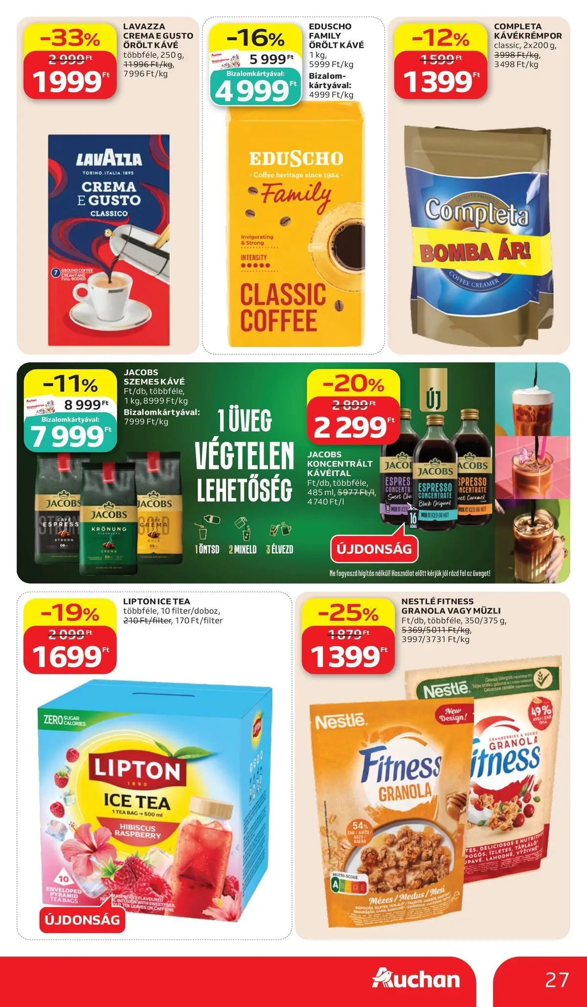 Auchan akciós újság Budapest - 2026.07.02. -tól/töl > akció, lapozható szórólap 🛍️ | Oldal: 27 | Termékek: Müzli, Ice tea, Szemes kávé, Őrölt kávé