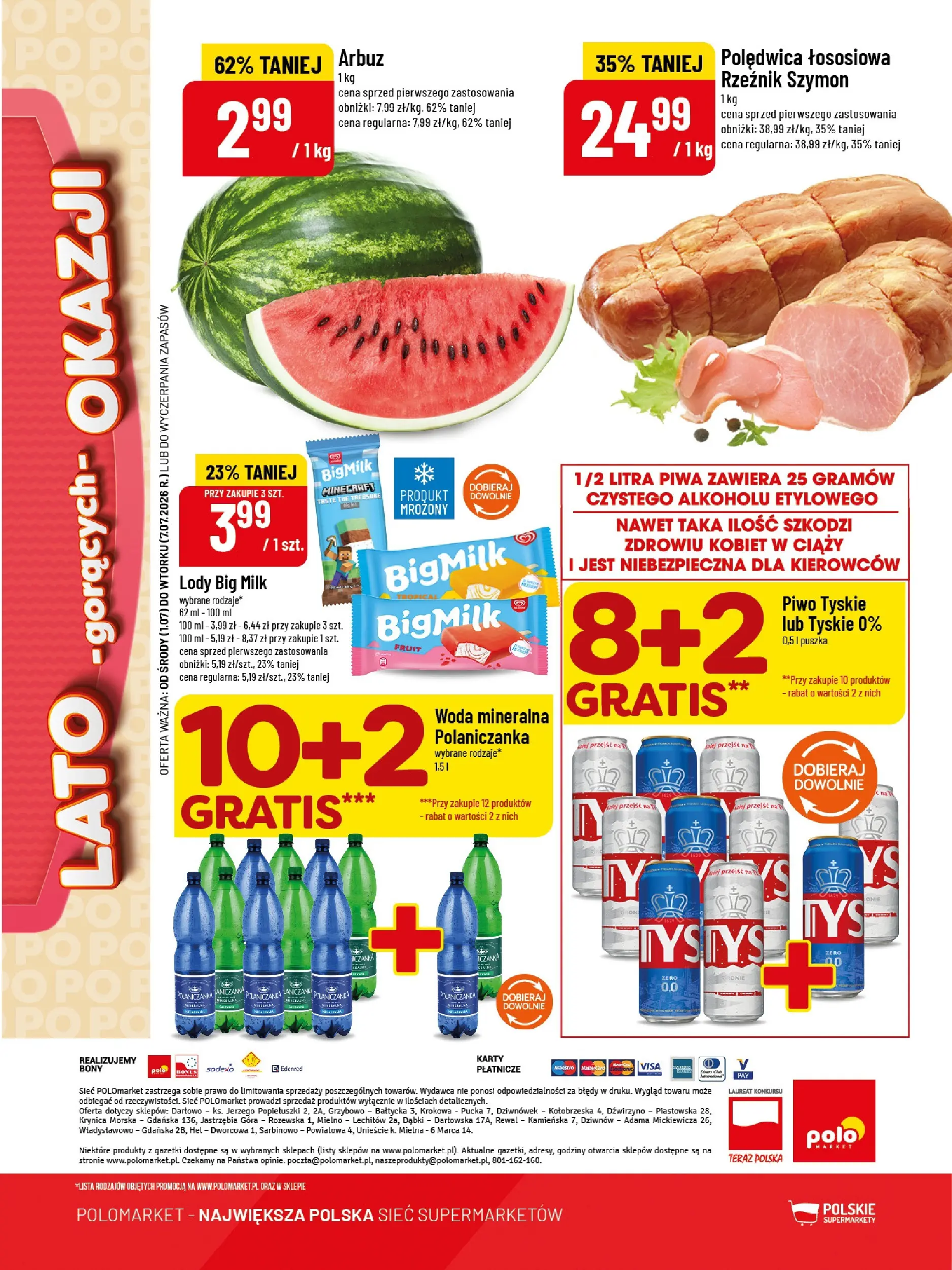 Nowa POLOmarket gazetka od jutra 01.07.2026 | Strona: 8 | Produkty: Arbuz, Big Milk, Piwo, Woda