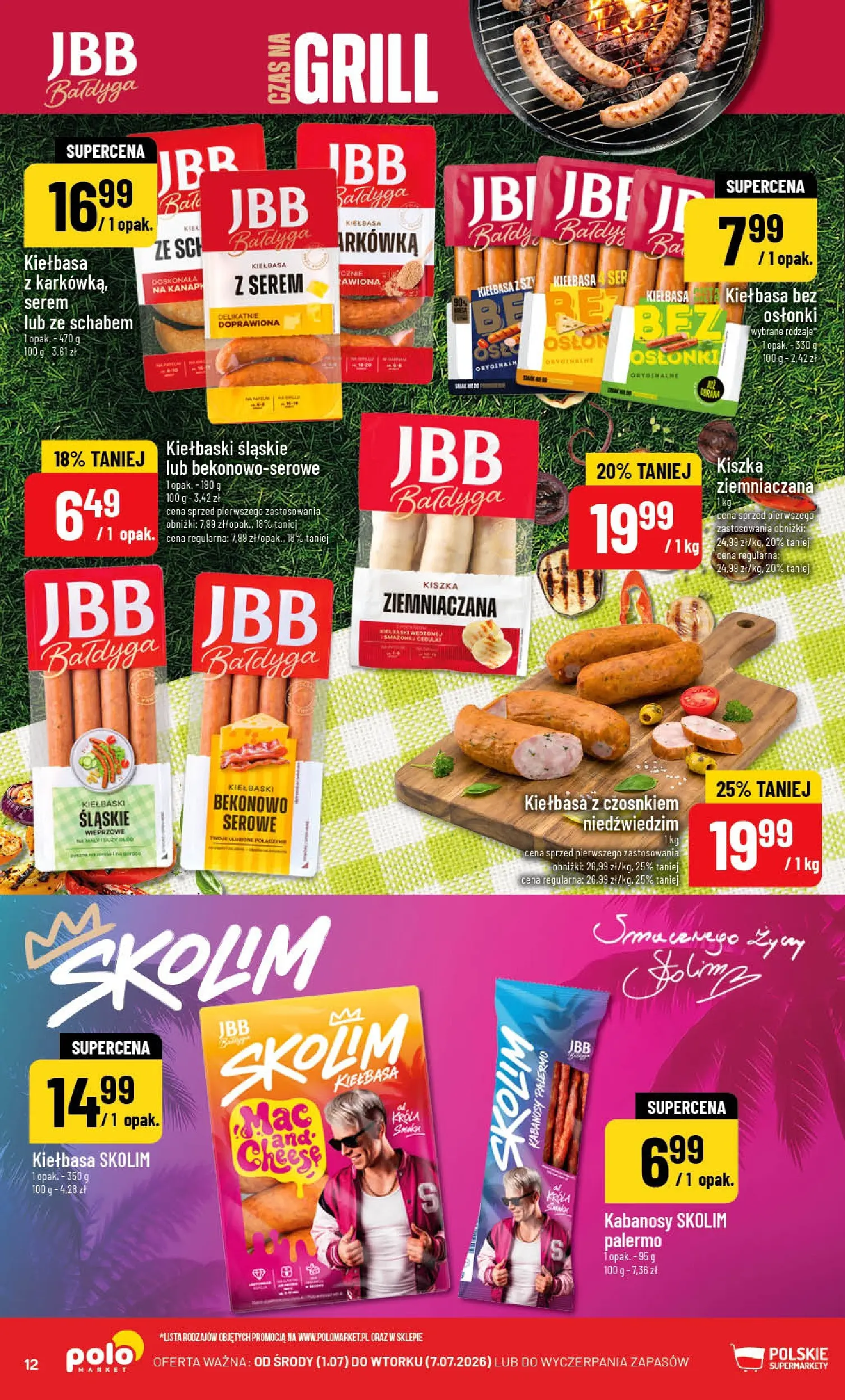 Nowa POLOmarket gazetka od jutra 01.07.2026 | Strona: 12 | Produkty: Kiełbasa, Grill, Kabanosy, Kiełbaski