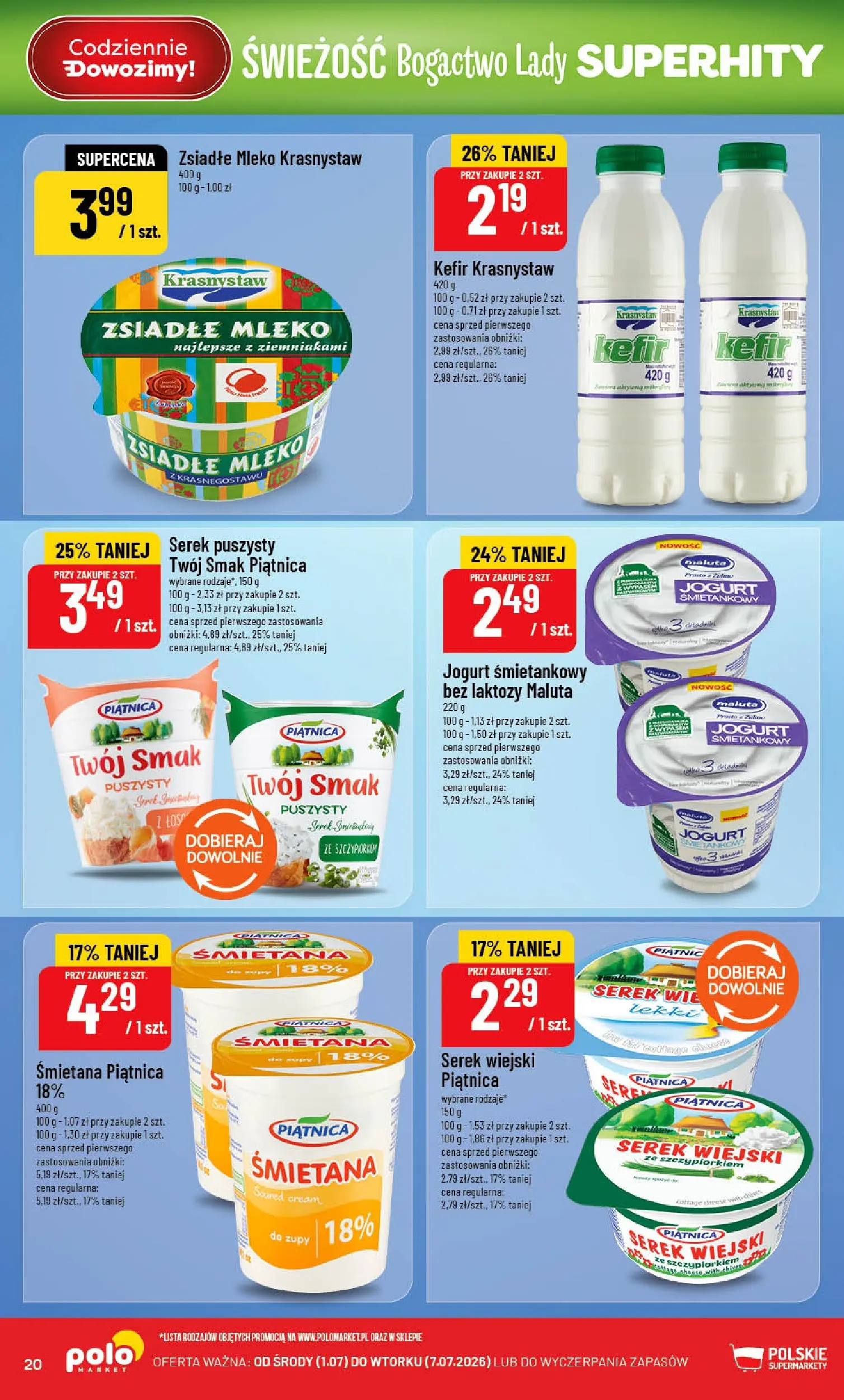 Nowa POLOmarket gazetka od jutra 01.07.2026 | Strona: 20 | Produkty: Kefir, Serek wiejski, Mleko, Jogurt