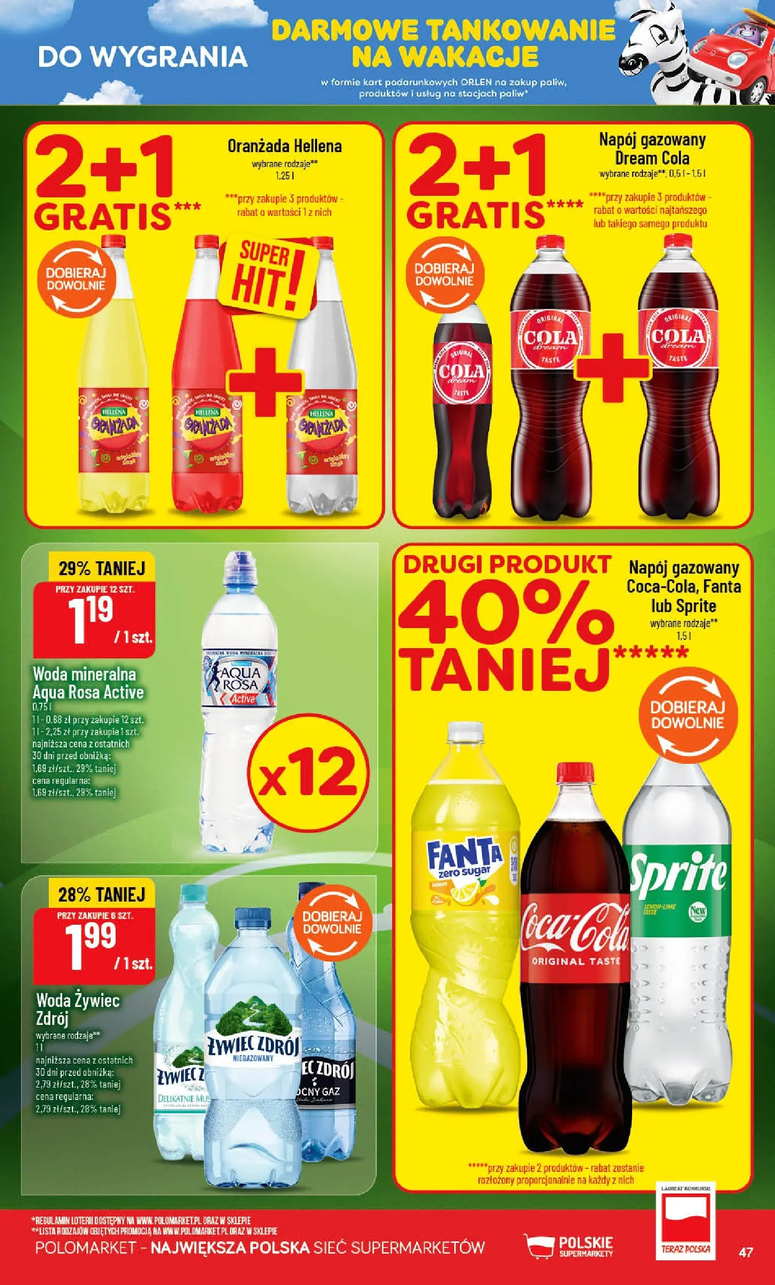 Nowa POLOmarket gazetka od jutra 01.07.2026 | Strona: 47 | Produkty: Woda żywiec, Sprite, Oranżada hellena, Woda