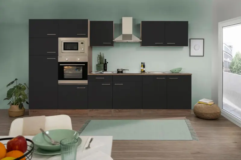 K&uuml;chenzeile mit Ger&auml;ten Eiche farben/Schwarz B: ca. 330 cm