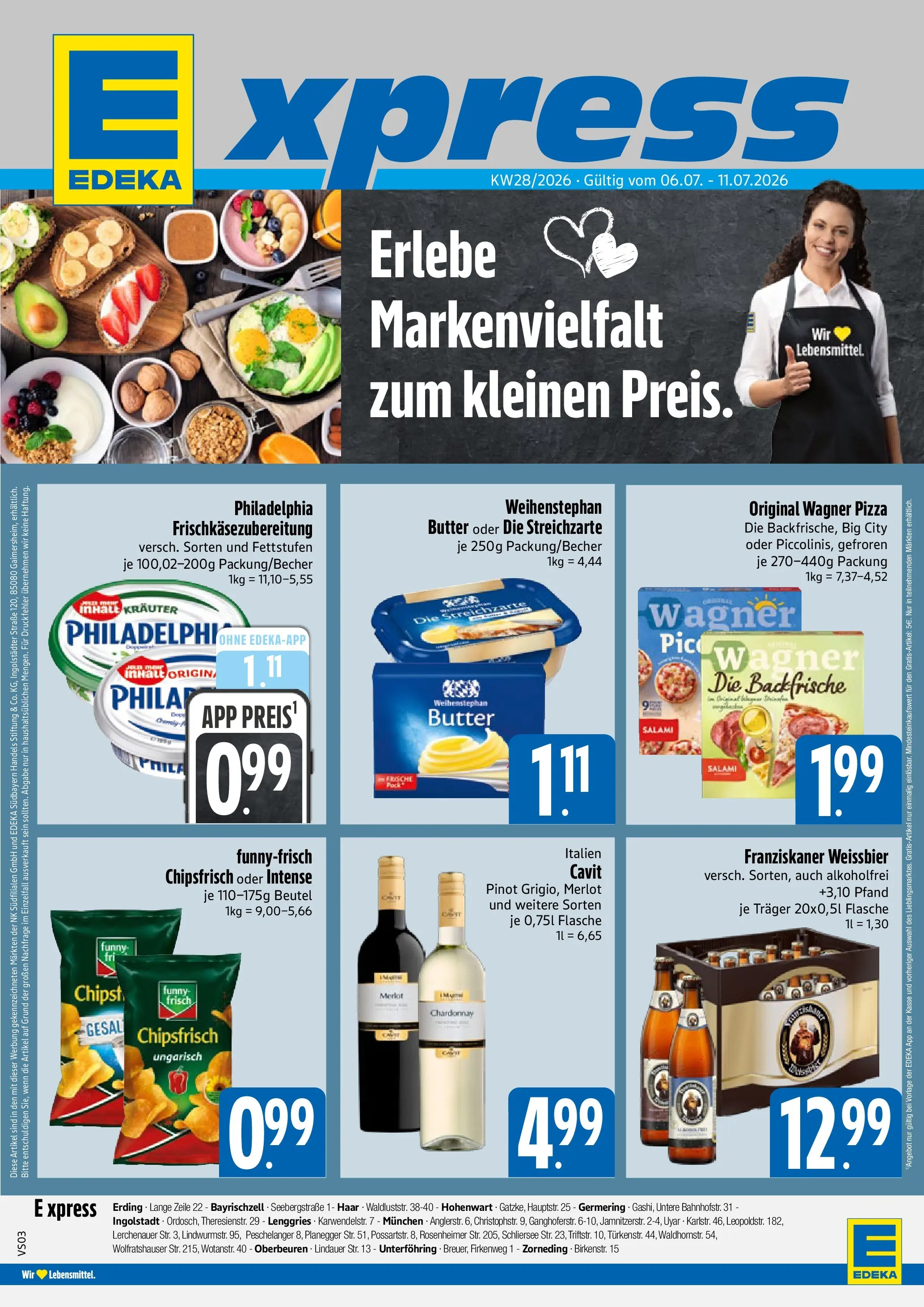 Angebote - E xpress: Wochenangebote (ab 05.07.2026) zum Blättern | Seite: 1 | Produkte: Philadelphia, Merlot, Weihenstephan butter, Pizza