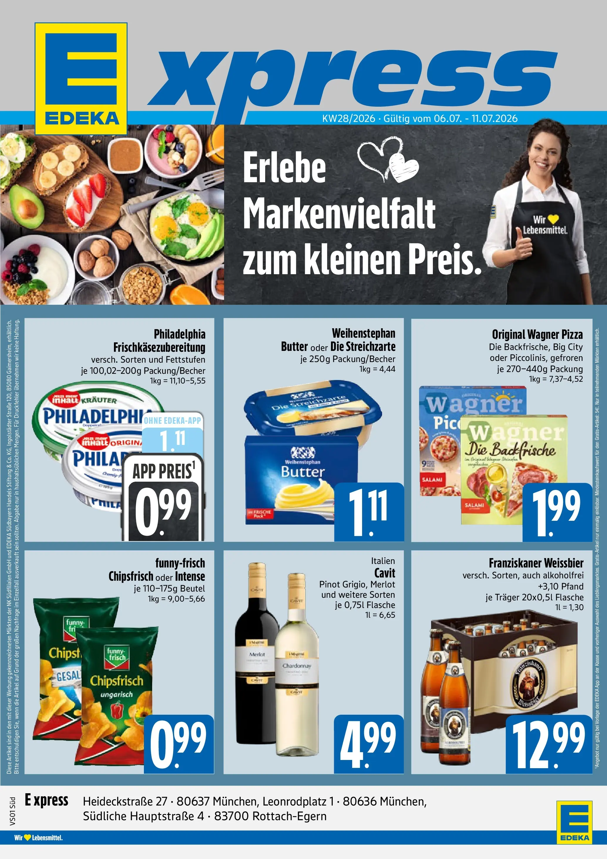 Angebote - E xpress: Wochenangebote (ab 05.07.2026) zum Blättern | Seite: 1 | Produkte: Merlot, Wagner pizza, Weihenstephan butter, Salami