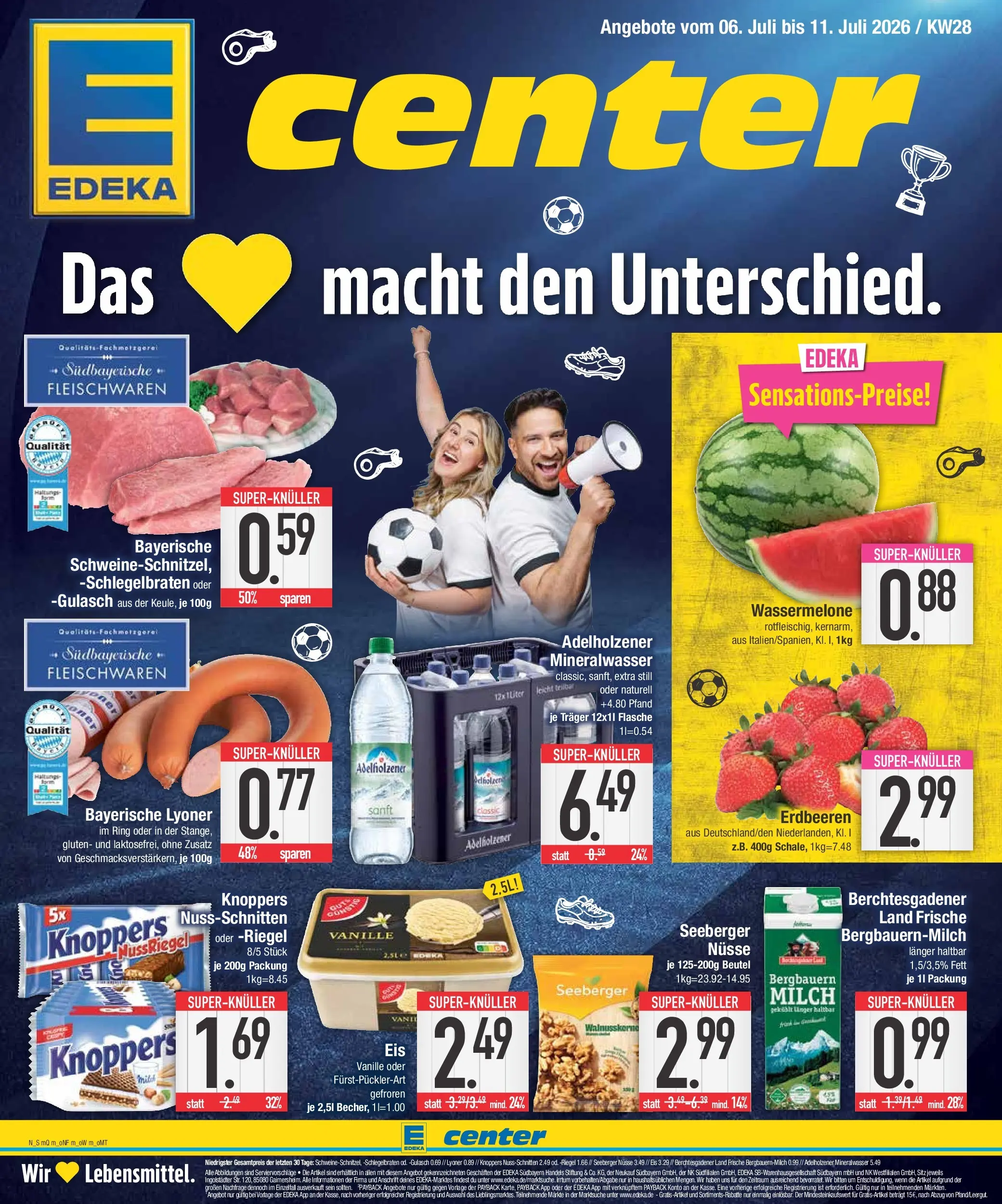 E center Prospekt München (ab 06.07.2026) zum Blättern | Seite: 1 | Produkte: Gulasch, Knoppers, Erdbeeren, Nüsse