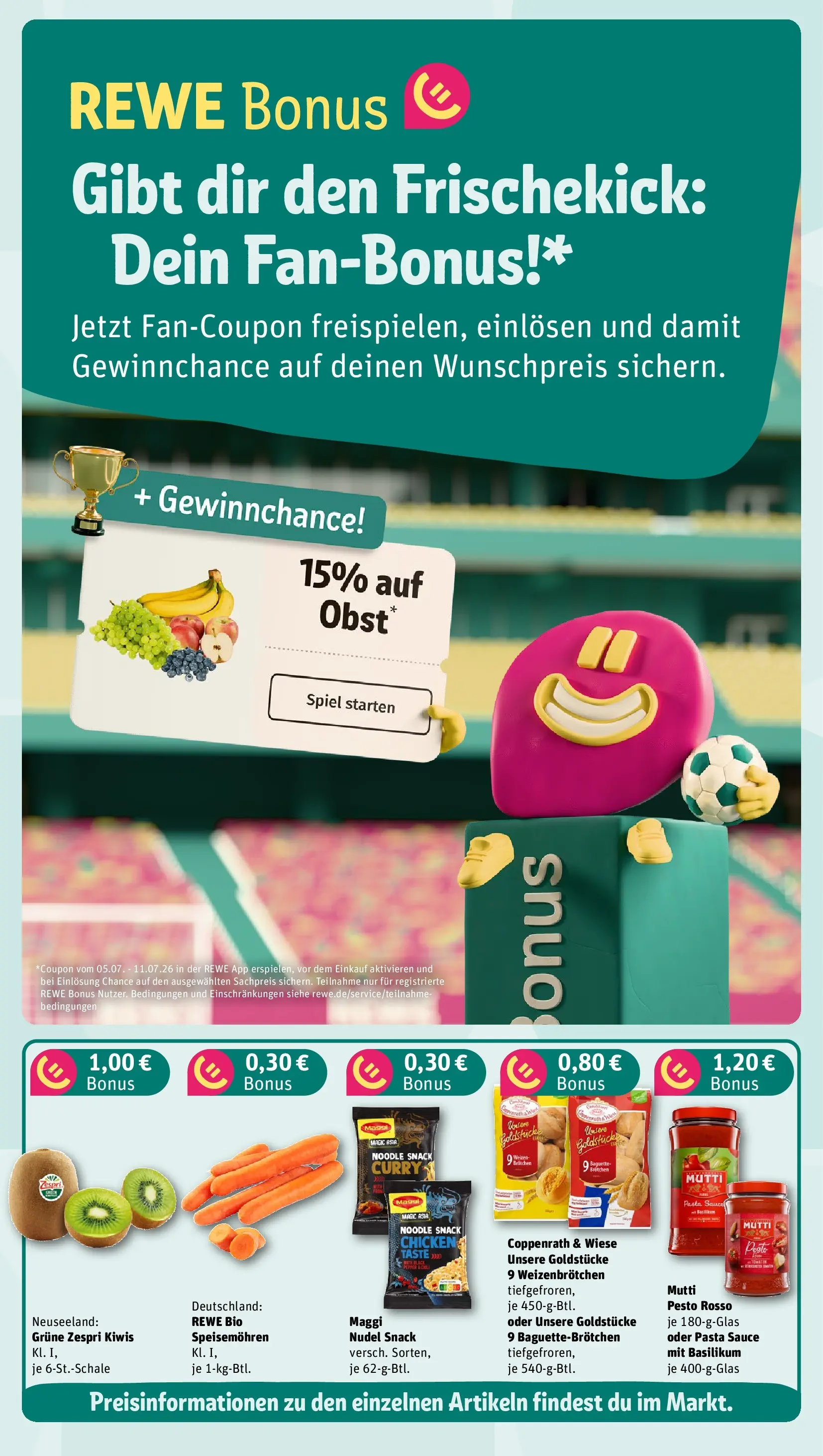 REWE Prospekt ab 05.07.2026 zum Blättern » Angebote | Seite: 3 | Produkte: Spiel, Maggi, Baguette, Obst