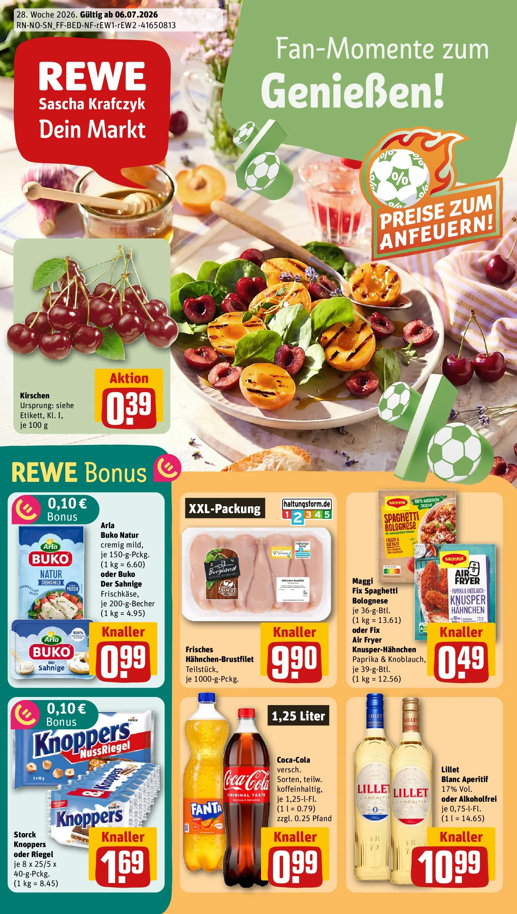 REWE Prospekt ab 05.07.2026 zum Blättern » Angebote | Seite: 1 | Produkte: Hahnchen, Fanta, Maggi, Kirschen