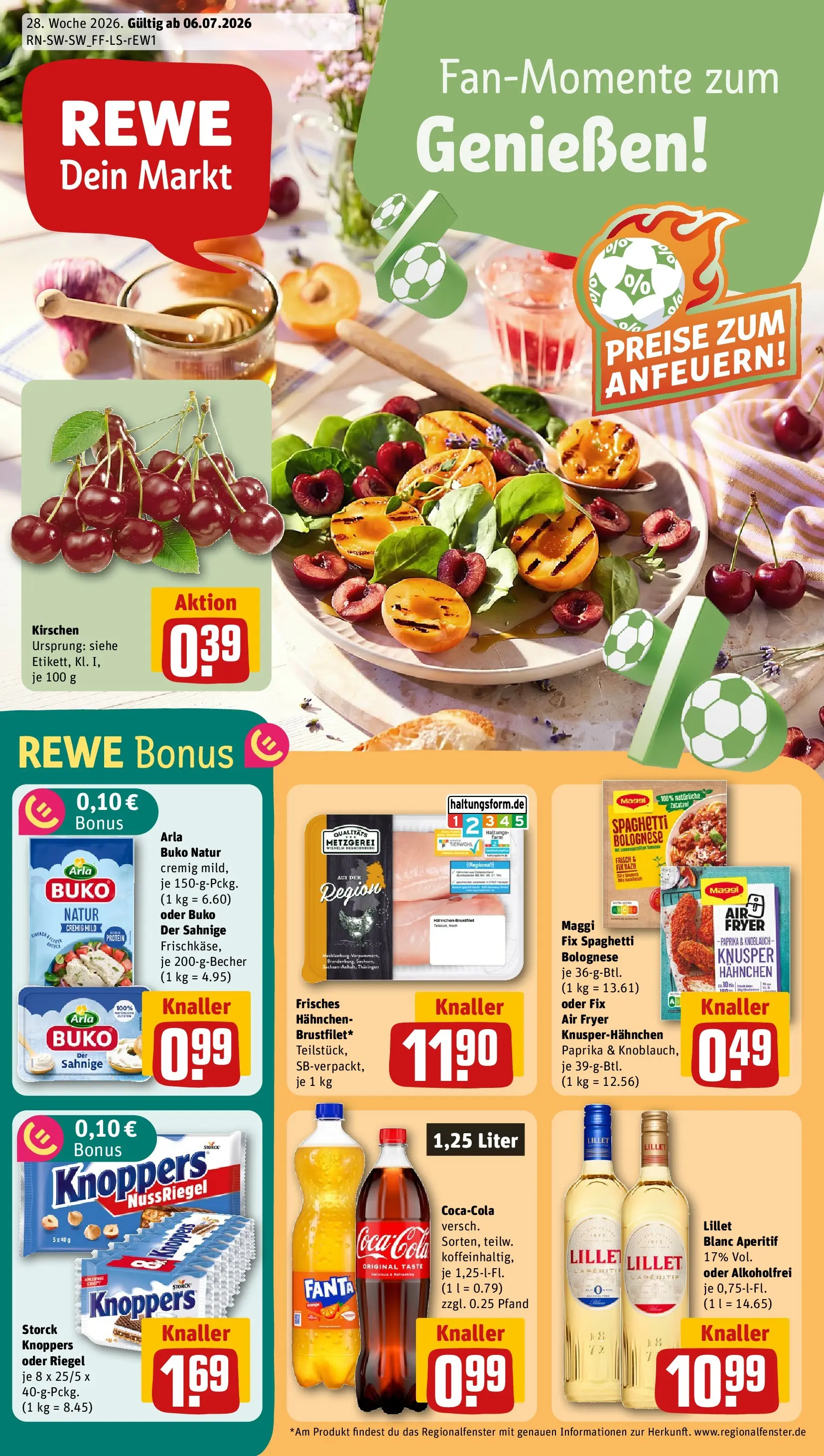 REWE Prospekt ab 05.07.2026 zum Blättern » Angebote | Seite: 1 | Produkte: Hahnchen, Fanta, Lillet, Kirschen