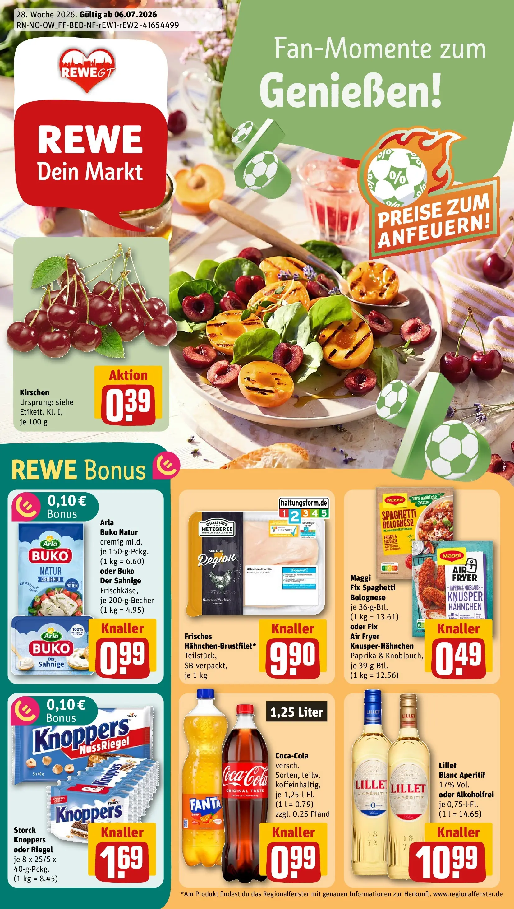 REWE Prospekt ab 05.07.2026 zum Blättern » Angebote | Seite: 1 | Produkte: Hahnchen, Kirschen, Paprika, Knoppers