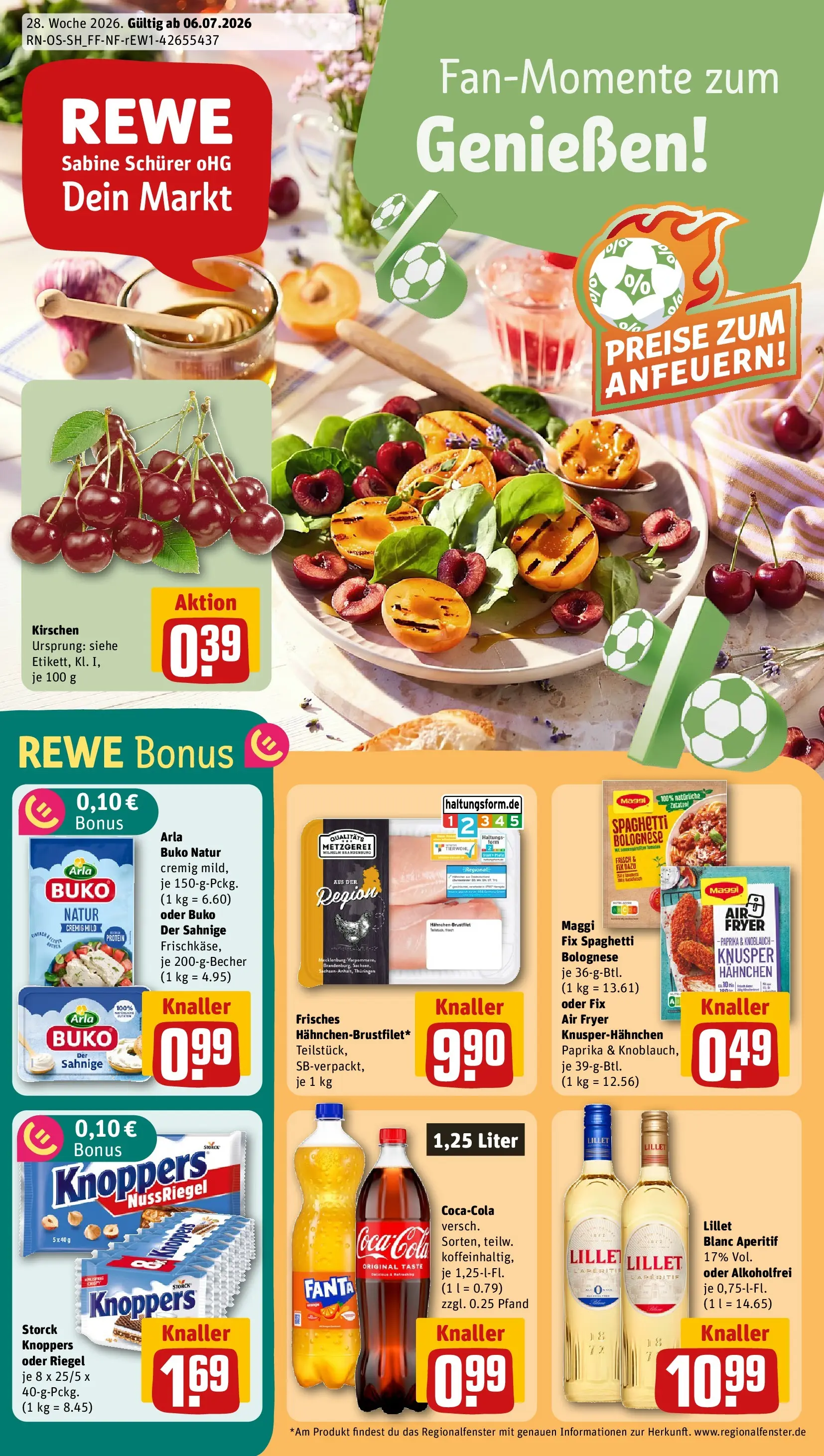 REWE Prospekt ab 05.07.2026 zum Blättern » Angebote | Seite: 1 | Produkte: Hahnchen, Kirschen, Paprika, Knoppers