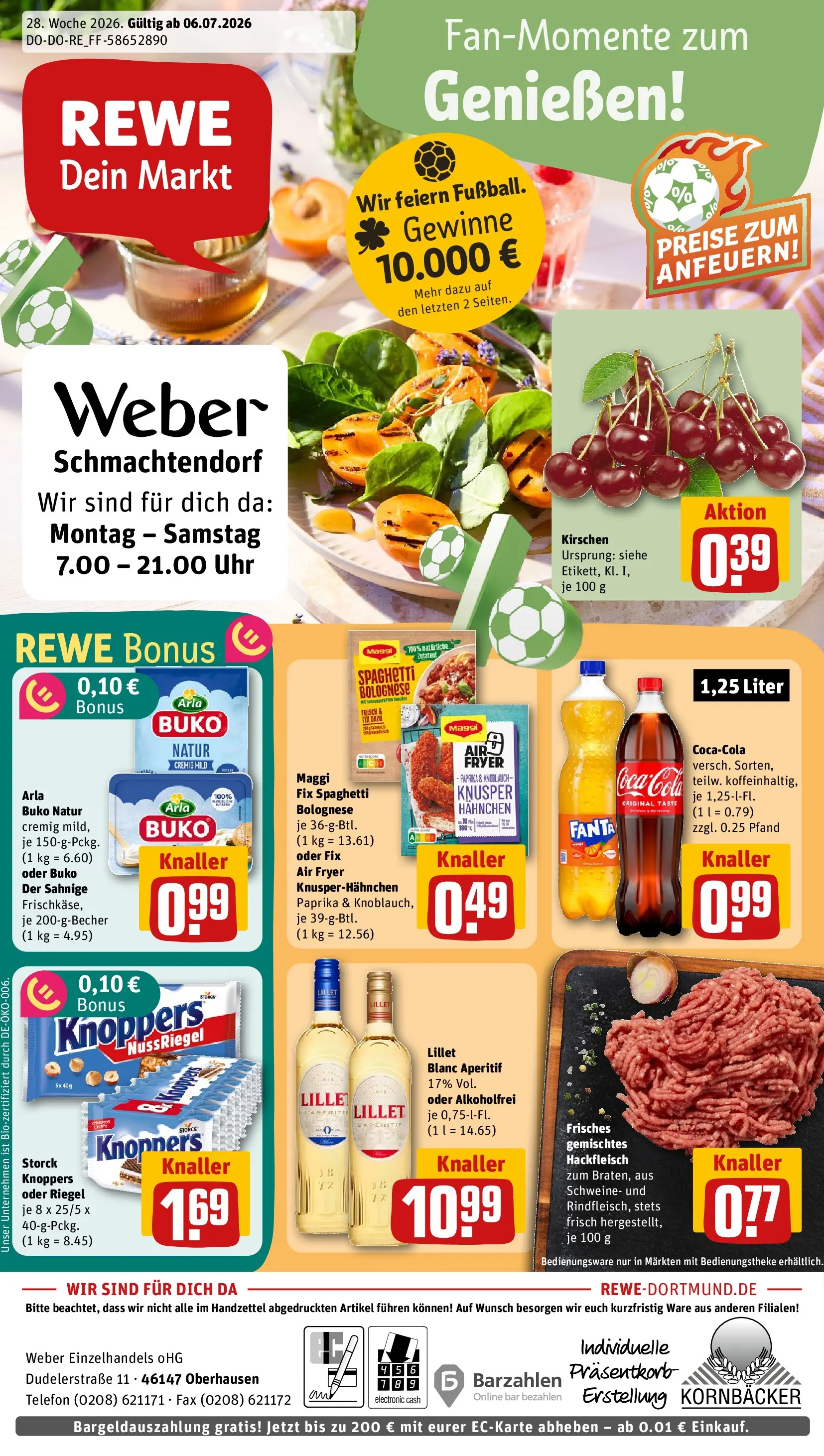 REWE Prospekt ab 06.07.2026 zum Blättern » Angebote | Seite: 1 | Produkte: Hahnchen, Cola, Kirschen, Knoblauch