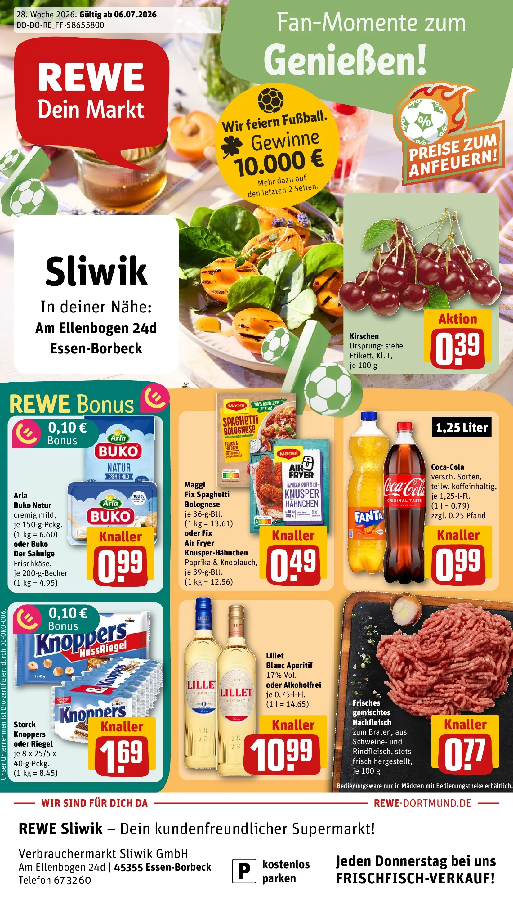 REWE Prospekt ab 05.07.2026 zum Blättern » Angebote | Seite: 1 | Produkte: Hahnchen, Kirschen, Paprika, Knoppers