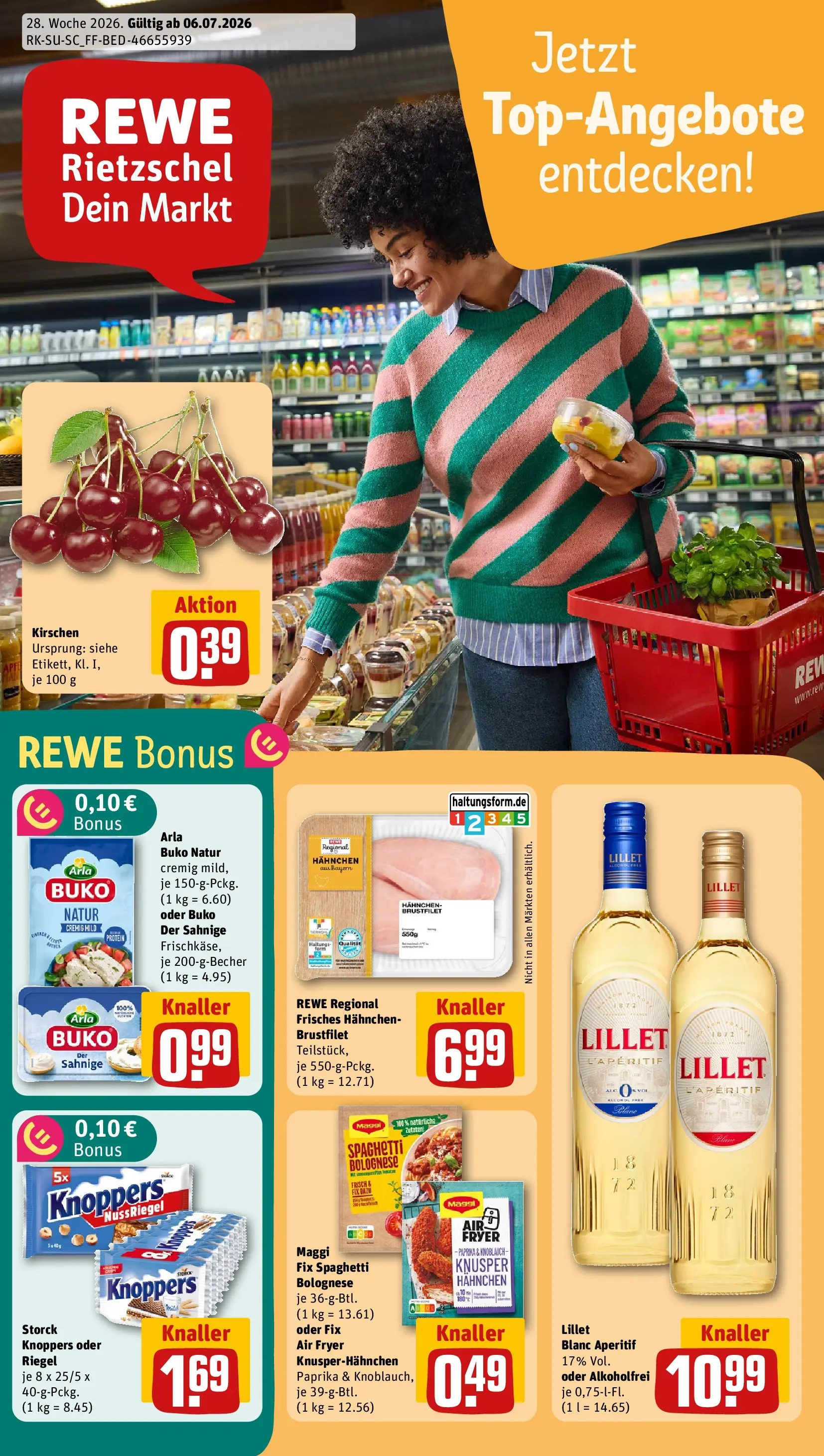 REWE Prospekt ab 06.07.2026 zum Blättern » Angebote | Seite: 1 | Produkte: Hahnchen, Maggi, Lillet, Kirschen