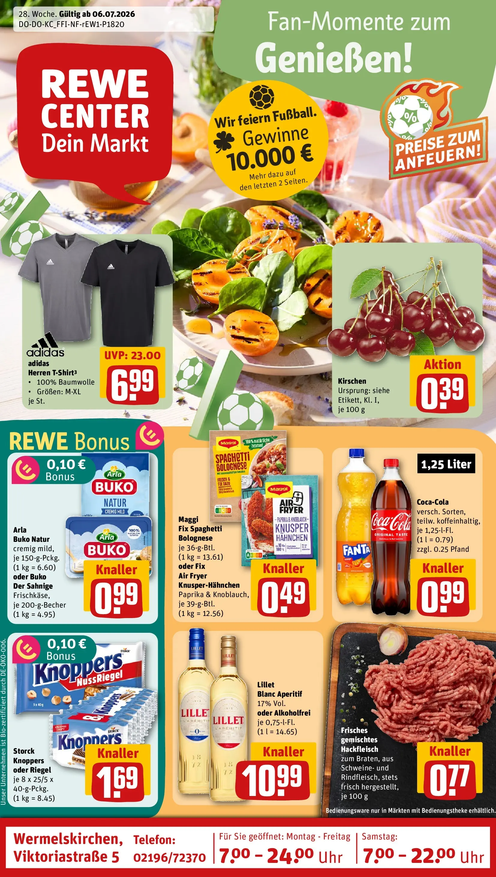 REWE Prospekt ab 05.07.2026 zum Blättern » Angebote | Seite: 1 | Produkte: Hahnchen, Cola, Kirschen, Uhr