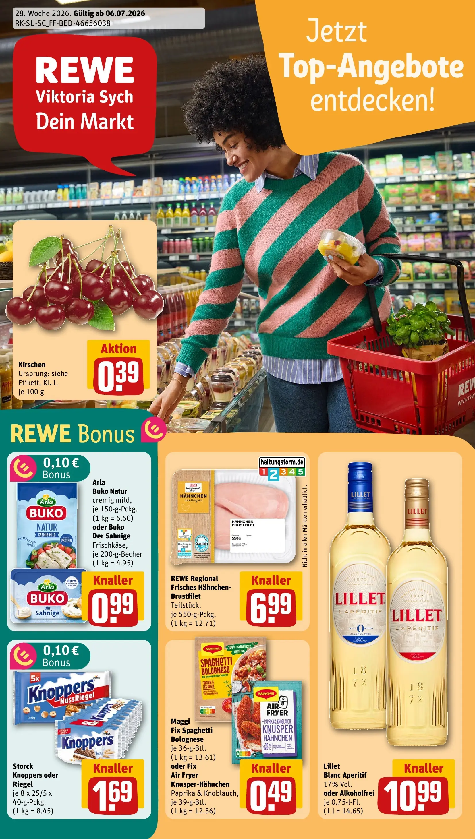 REWE Prospekt ab 06.07.2026 zum Blättern » Angebote | Seite: 1 | Produkte: Lillet, Kirschen, Arla buko, Knoppers