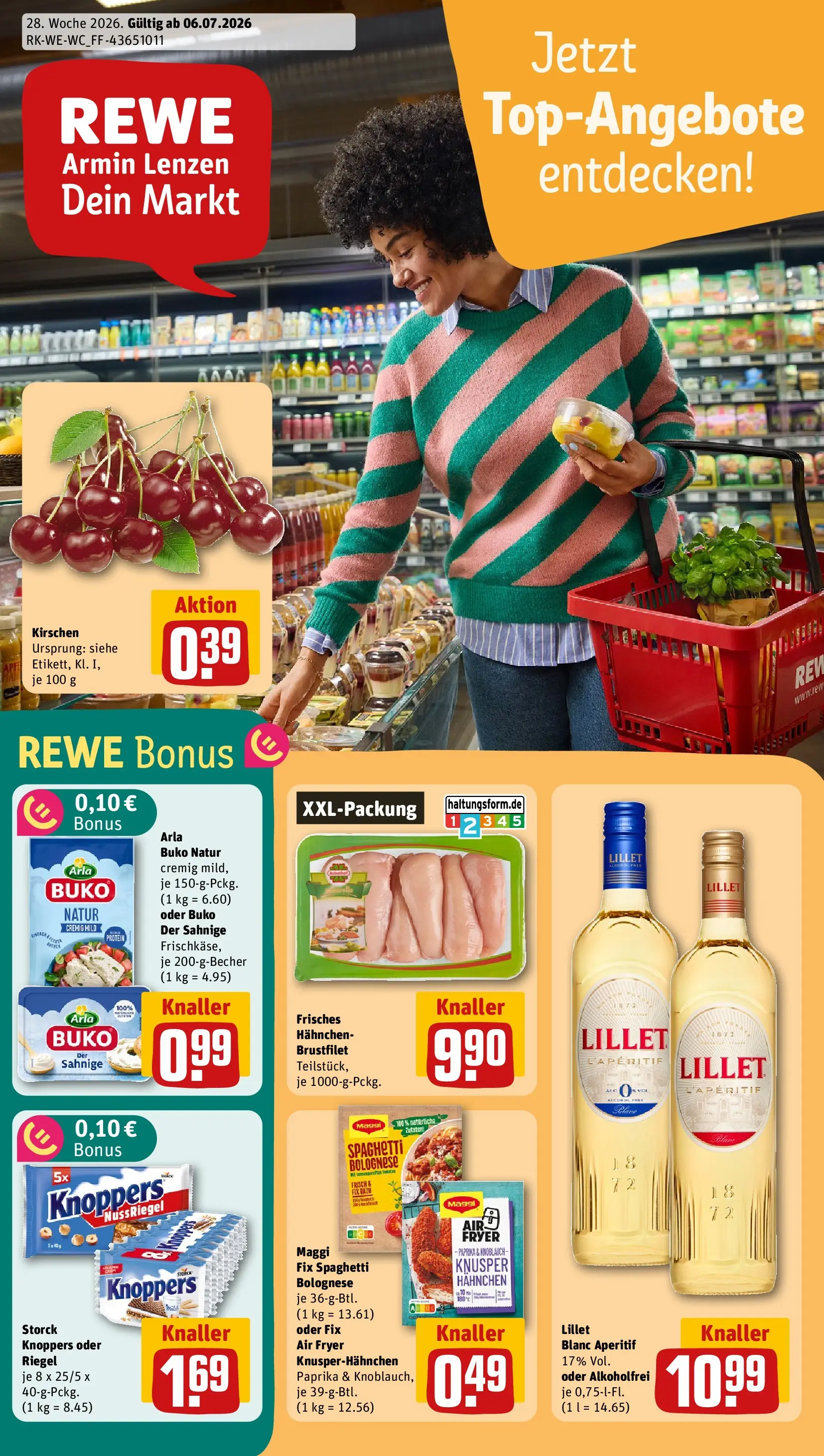 REWE Prospekt ab 06.07.2026 zum Blättern » Angebote | Seite: 1 | Produkte: Hahnchen, Kirschen, Knoblauch, Knoppers