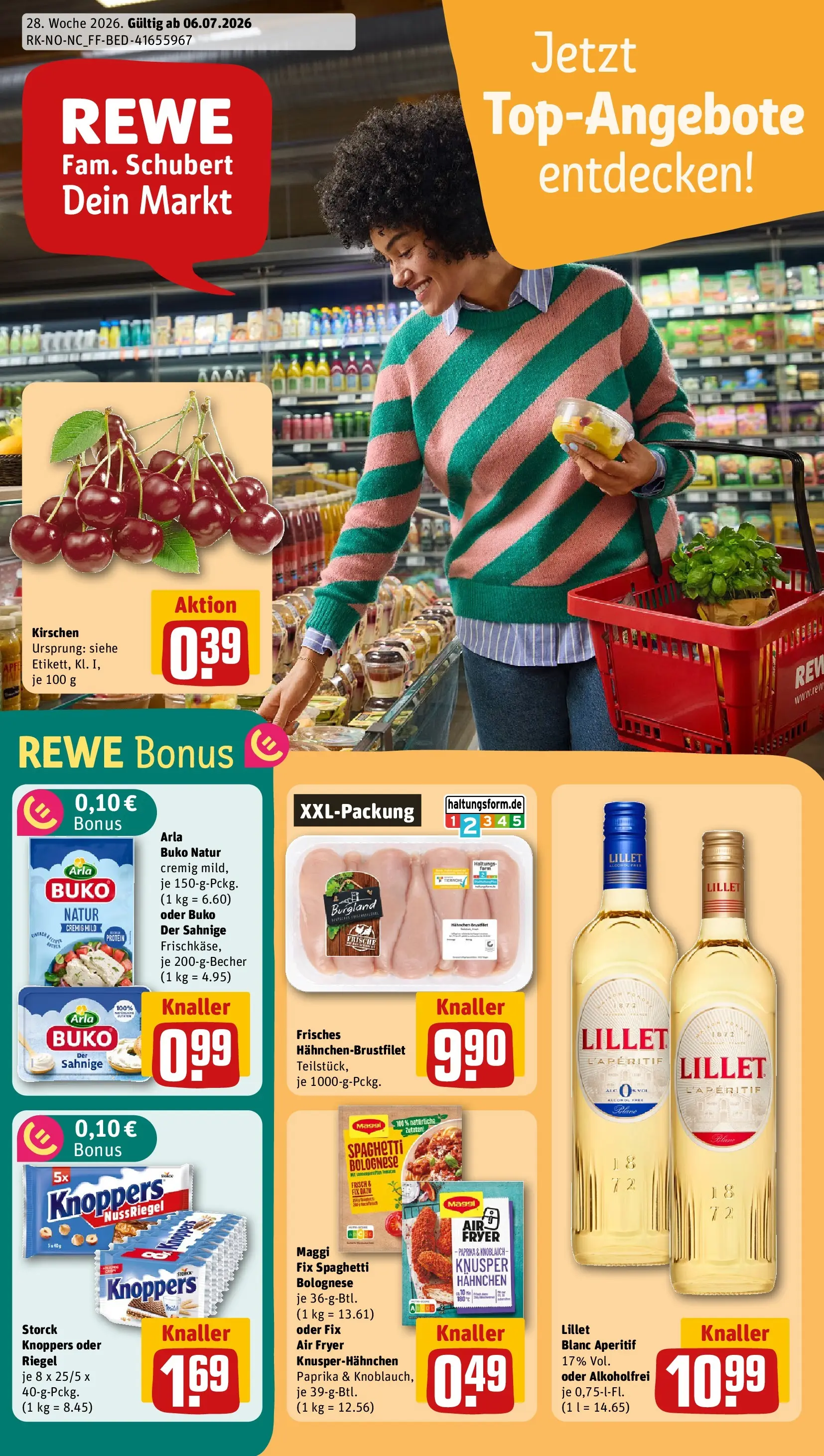 REWE Prospekt ab 06.07.2026 zum Blättern » Angebote | Seite: 1 | Produkte: Lillet, Arla buko, Knoblauch, Knoppers