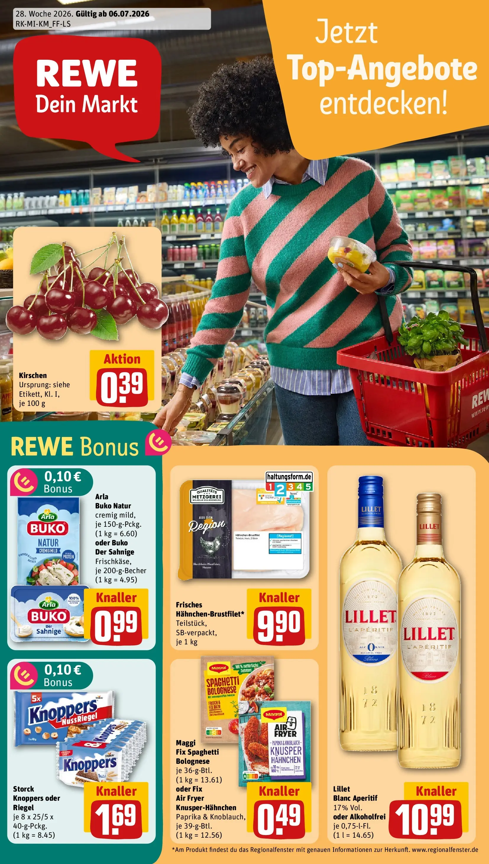 REWE Prospekt ab 06.07.2026 zum Blättern » Angebote | Seite: 1 | Produkte: Hahnchen, Lillet, Knoblauch, Knoppers