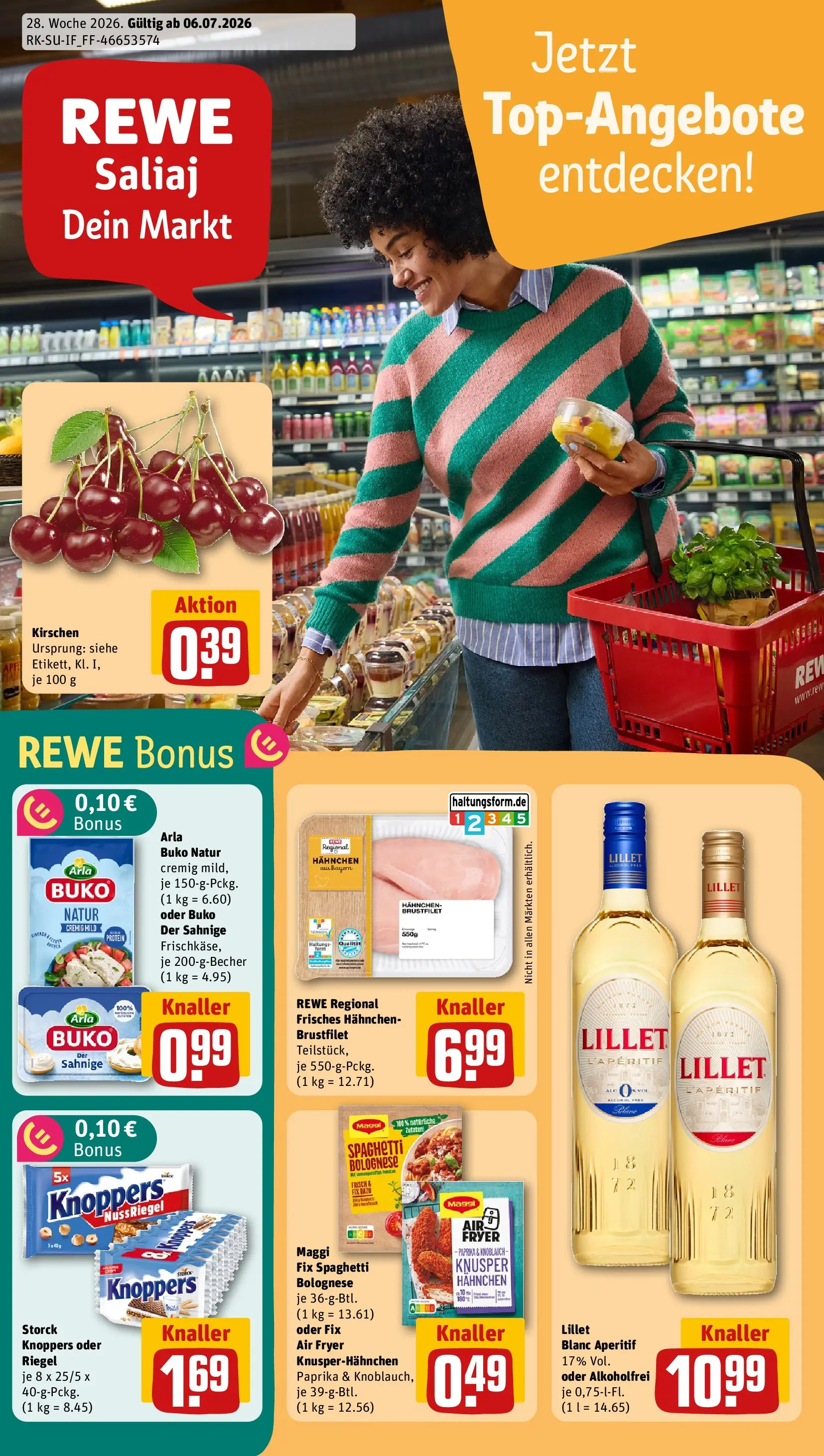 REWE Prospekt ab 06.07.2026 zum Blättern » Angebote | Seite: 1 | Produkte: Lillet, Arla buko, Knoblauch, Knoppers