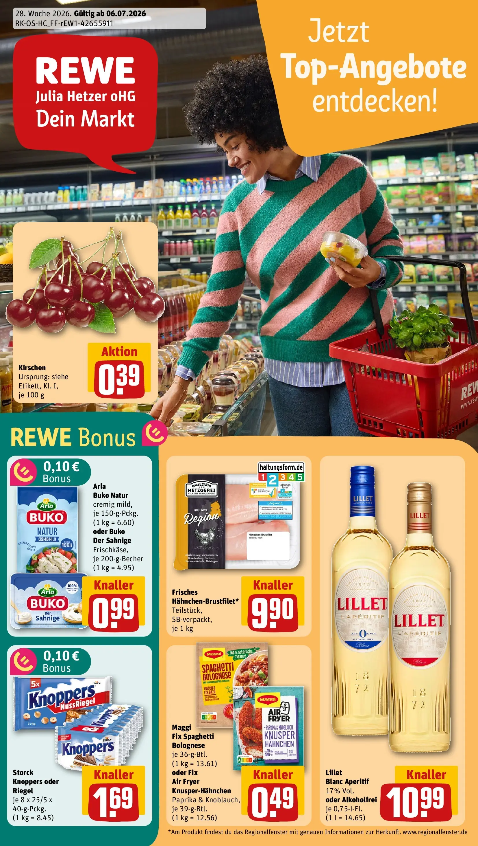 REWE Prospekt ab 06.07.2026 zum Blättern » Angebote | Seite: 1 | Produkte: Maggi, Lillet, Knoblauch, Knoppers