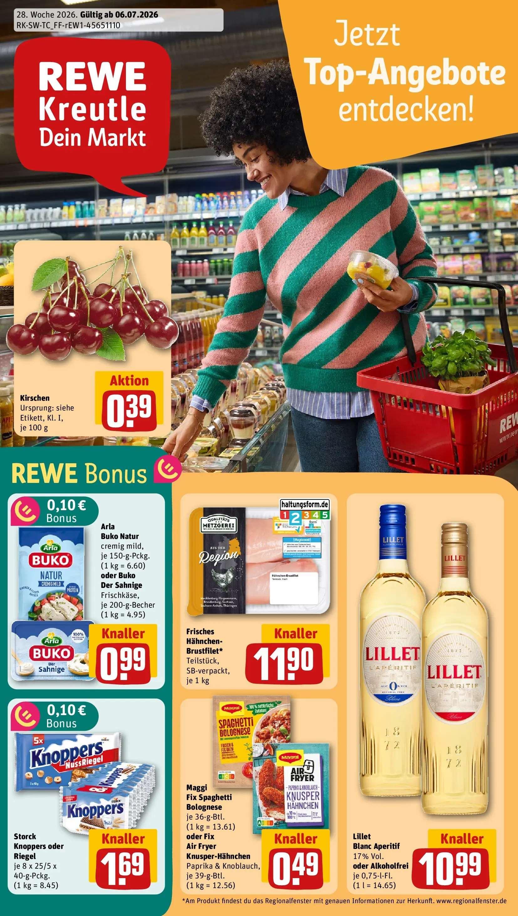 REWE Prospekt ab 06.07.2026 zum Blättern » Angebote | Seite: 1 | Produkte: Maggi, Lillet, Kirschen, Knoppers