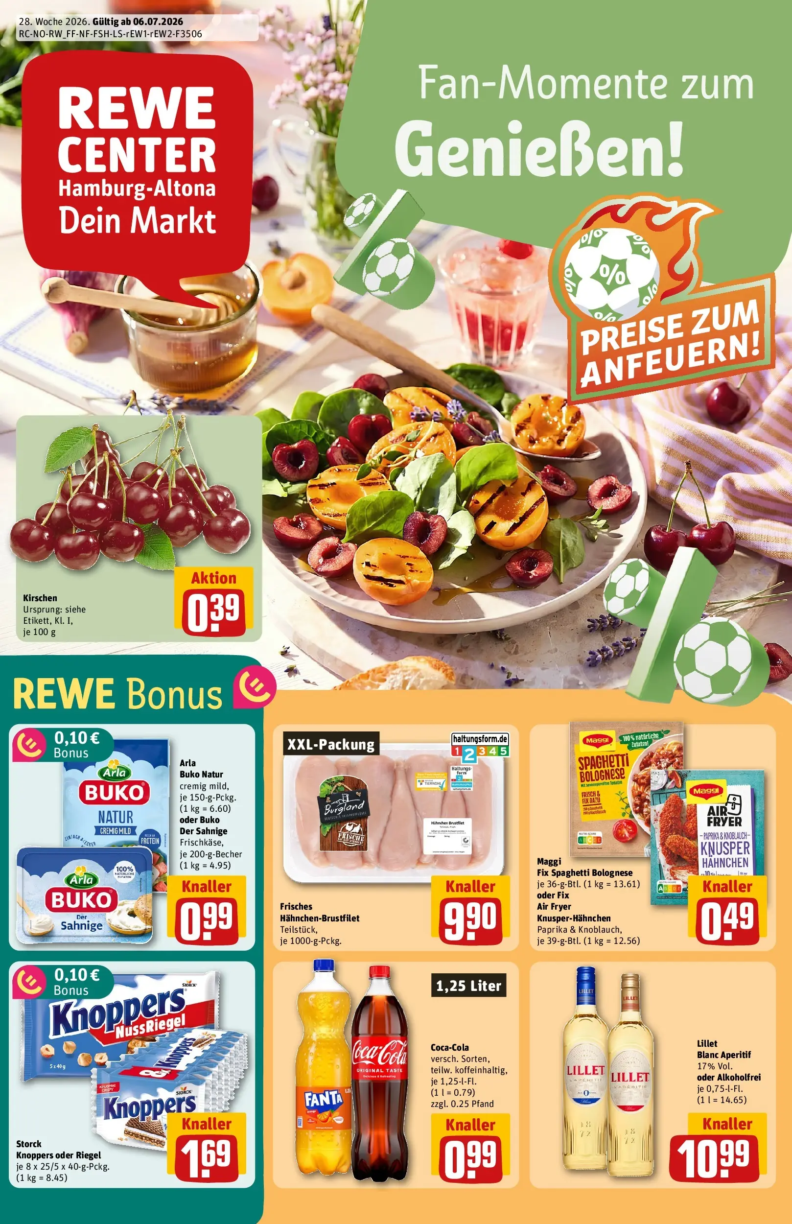 REWE Prospekt ab 06.07.2026 zum Blättern » Angebote | Seite: 1 | Produkte: Hahnchen, Cola, Lillet, Arla buko