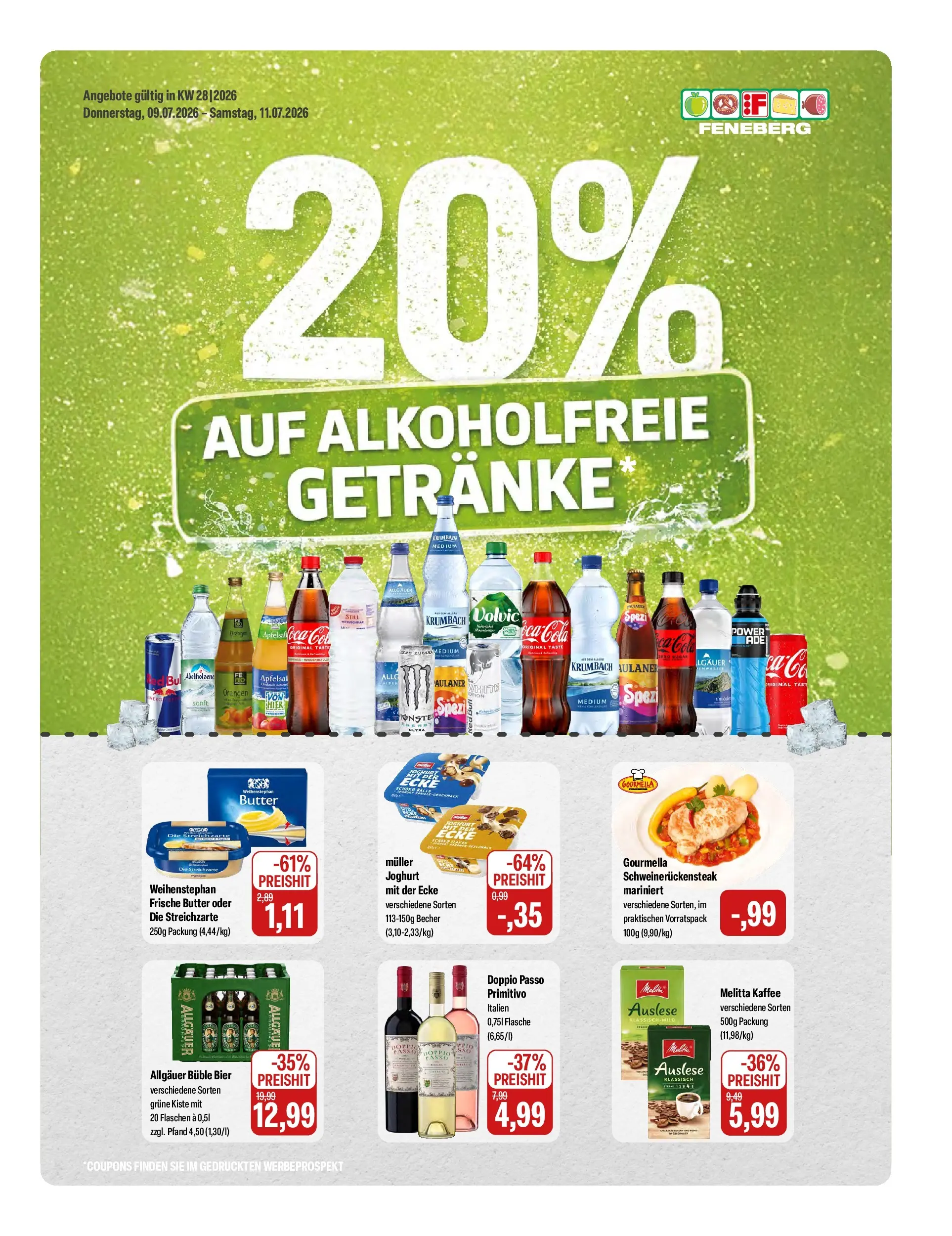 Feneberg Angebote (ab 08.07.2026) zum Blättern | Seite: 1 | Produkte: Melitta, Cola, Butter, Joghurt