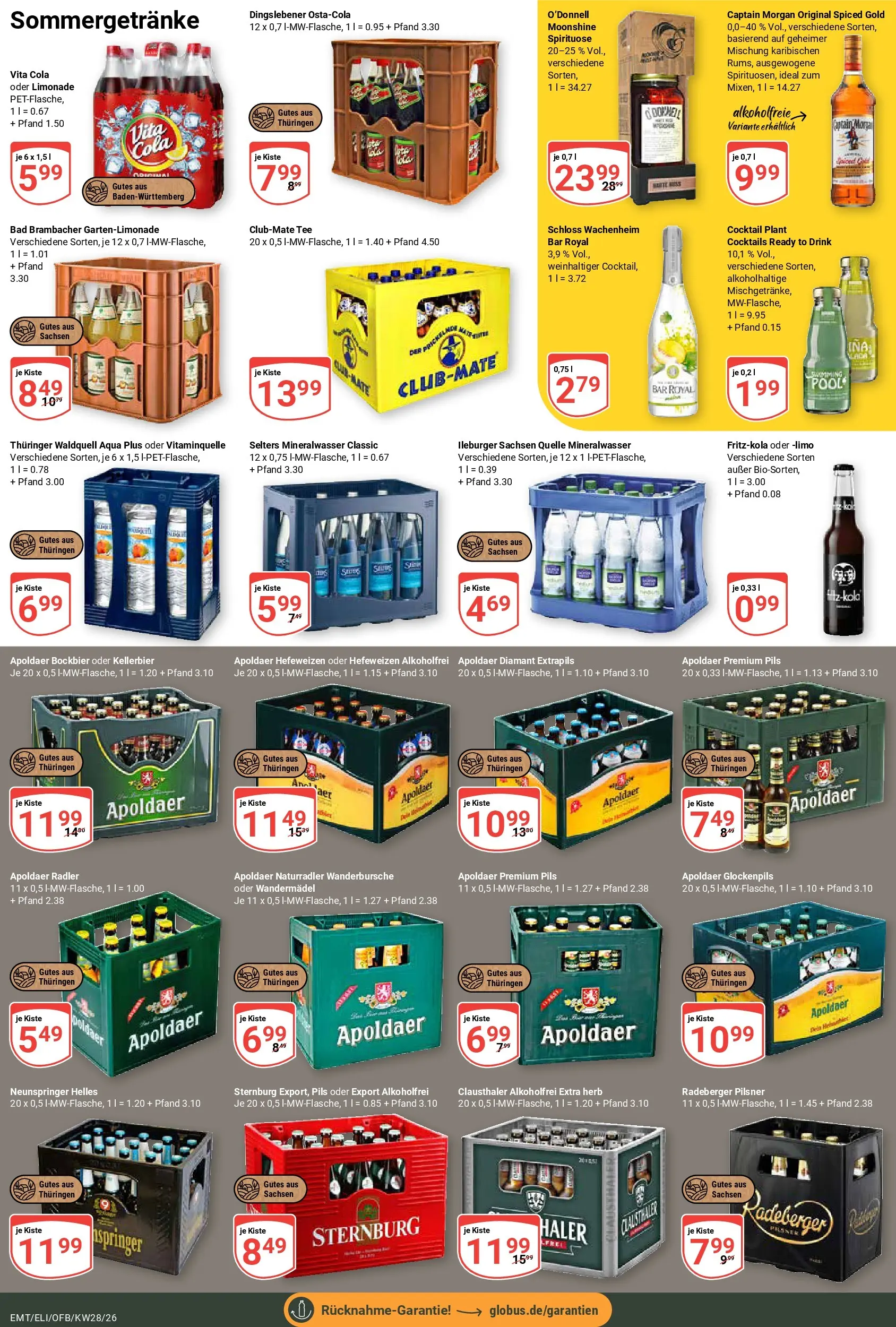 Globus Prospekt Mittelhausen (ab 06.07.2026) » Angebote online | Seite: 20 | Produkte: Limonade, Mineralwasser, Captain morgan, Radeberger pilsner
