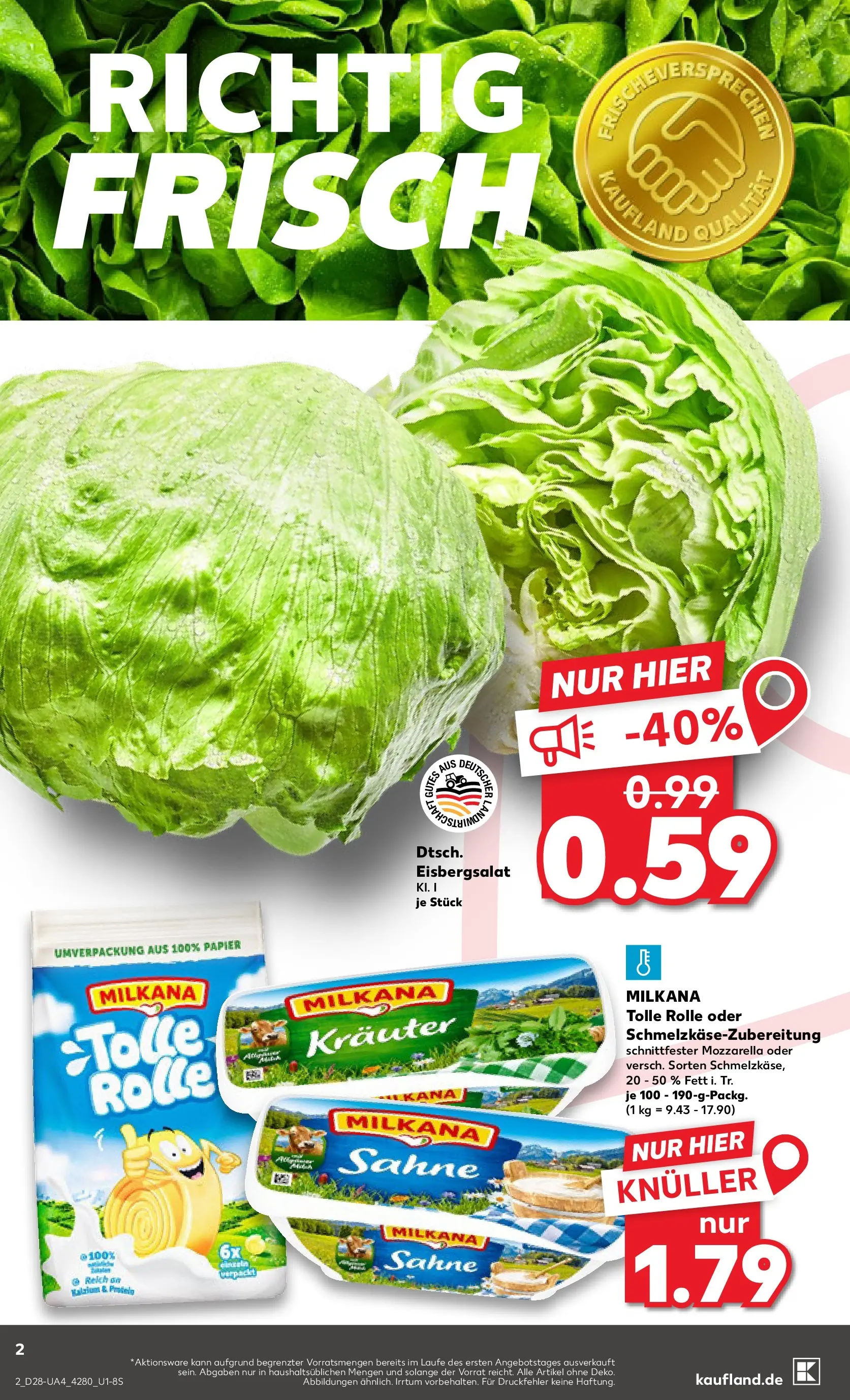 Prospekt Kaufland ab 09.07.2026 » Angebote Online zum Blättern | Seite: 2 | Produkte: Milkana, Mozzarella, Eisbergsalat, Sahne