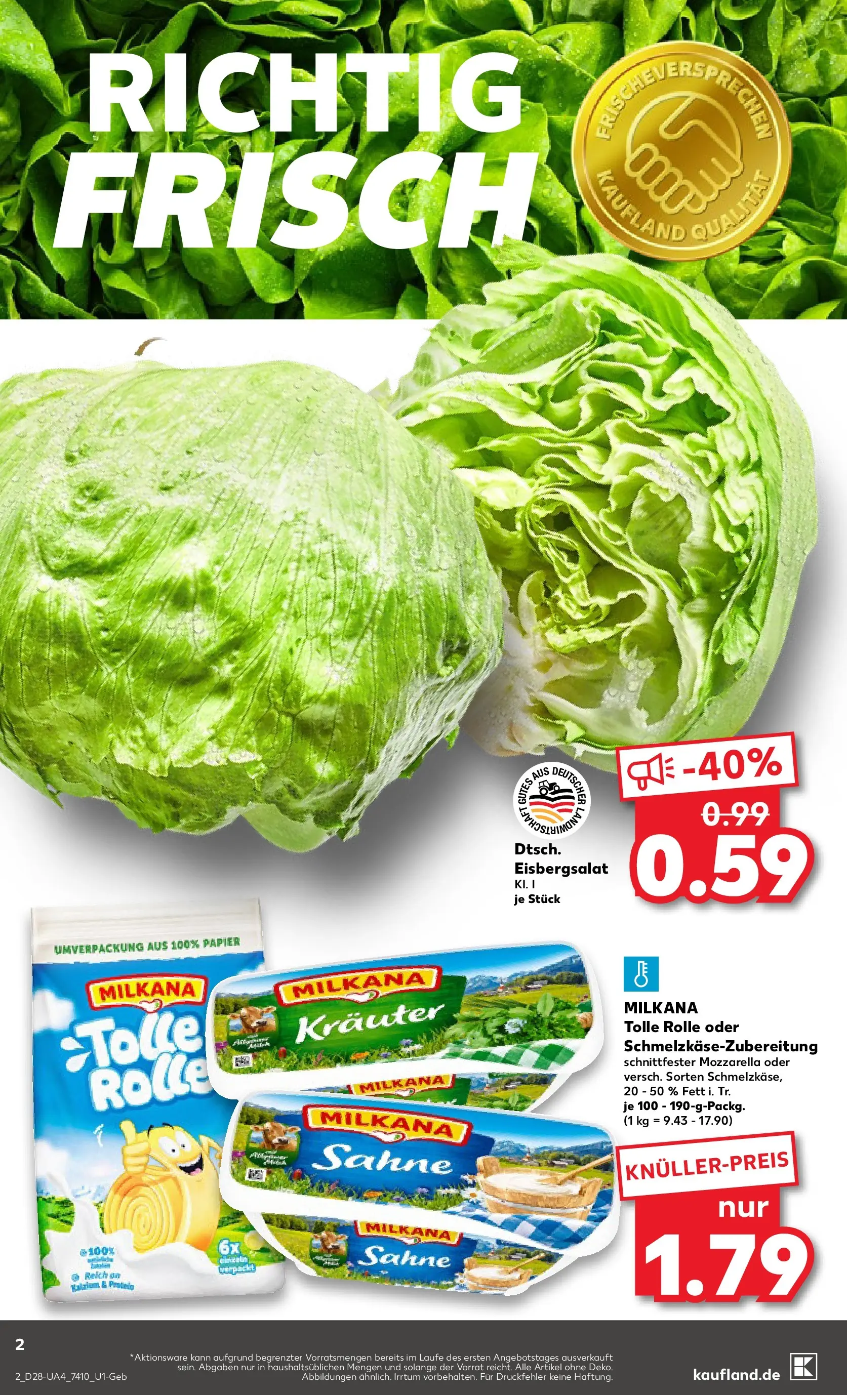 Prospekt Kaufland ab 09.07.2026 » Angebote Online zum Blättern | Seite: 2 | Produkte: Milkana, Mozzarella, Eisbergsalat, Sahne