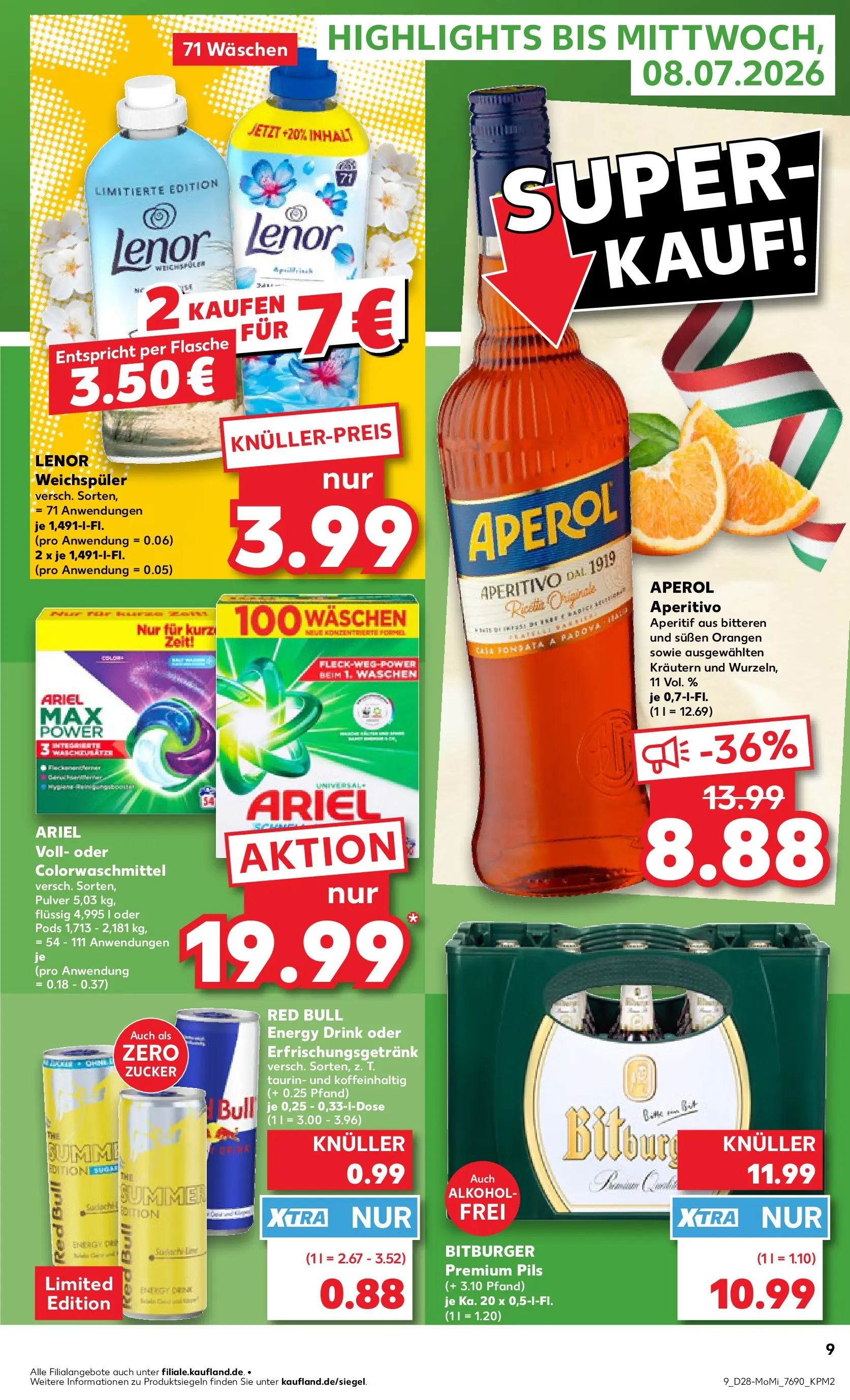 Prospekt Kaufland ab 06.07.2026 » Angebote Online zum Blättern | Seite: 9 | Produkte: Red bull, Ariel, Pils, Aperol