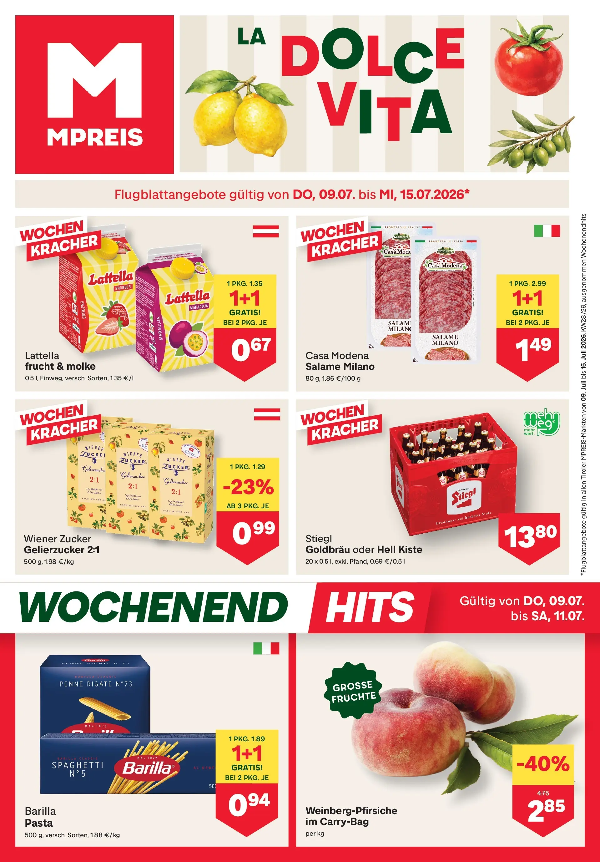 MPREIS Pfunds von 09.07.2026 - Aktuelle Angebote | Seite: 1 | Produkte: Pasta, Zucker, Hajdina liszt, Salami