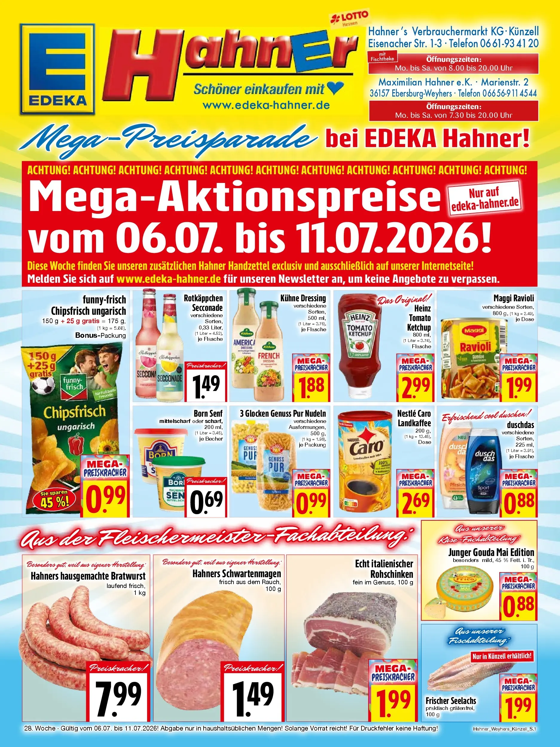Angebote - Edeka Hahner: Wochenangebote (ab 05.07.2026) zum Blättern | Seite: 1 | Produkte: Käse, Bratwurst, Duschdas, Nudeln